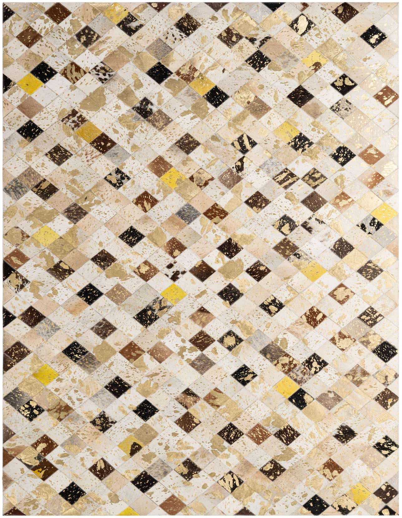 A 5x8 rectangular Cowhide & Leather rug featuring a modern patchwork of multi-colored diamond shapes with metallic gold accents.