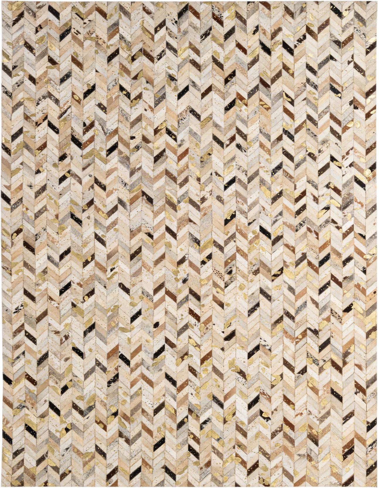 A rectangular 5x8 modern cowhide rug featuring a multi-colored chevron patchwork pattern with natural hide tones and metallic gold accents.