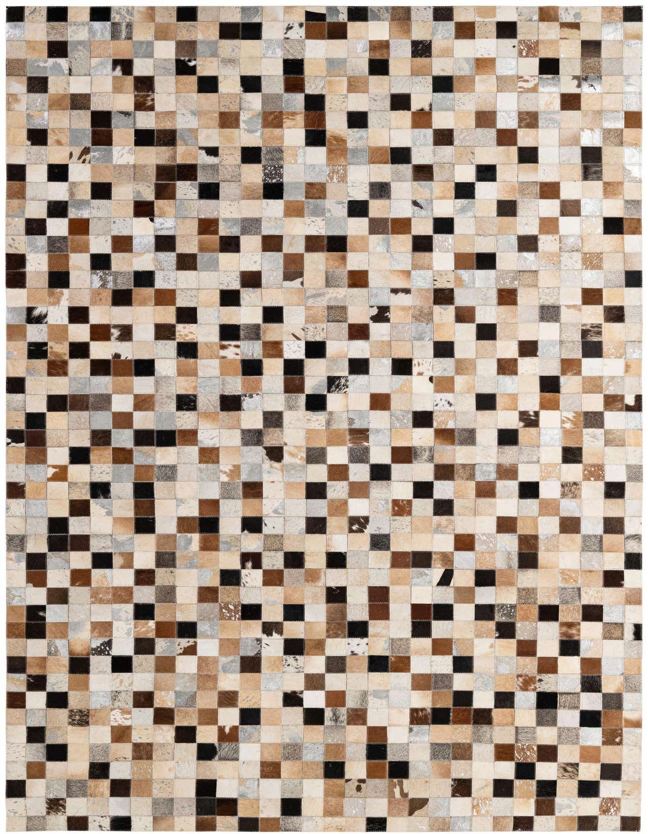 A 5x8 rectangular Cowhide Patchwork rug featuring a modern grid pattern of multi-colored squares in various natural cowhide shades.