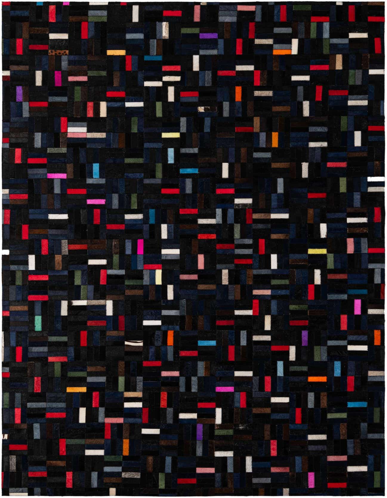 A rectangular 5x8 modern patchwork cowhide rug with multi-colored stripes on a dark background, ideal for a living room.