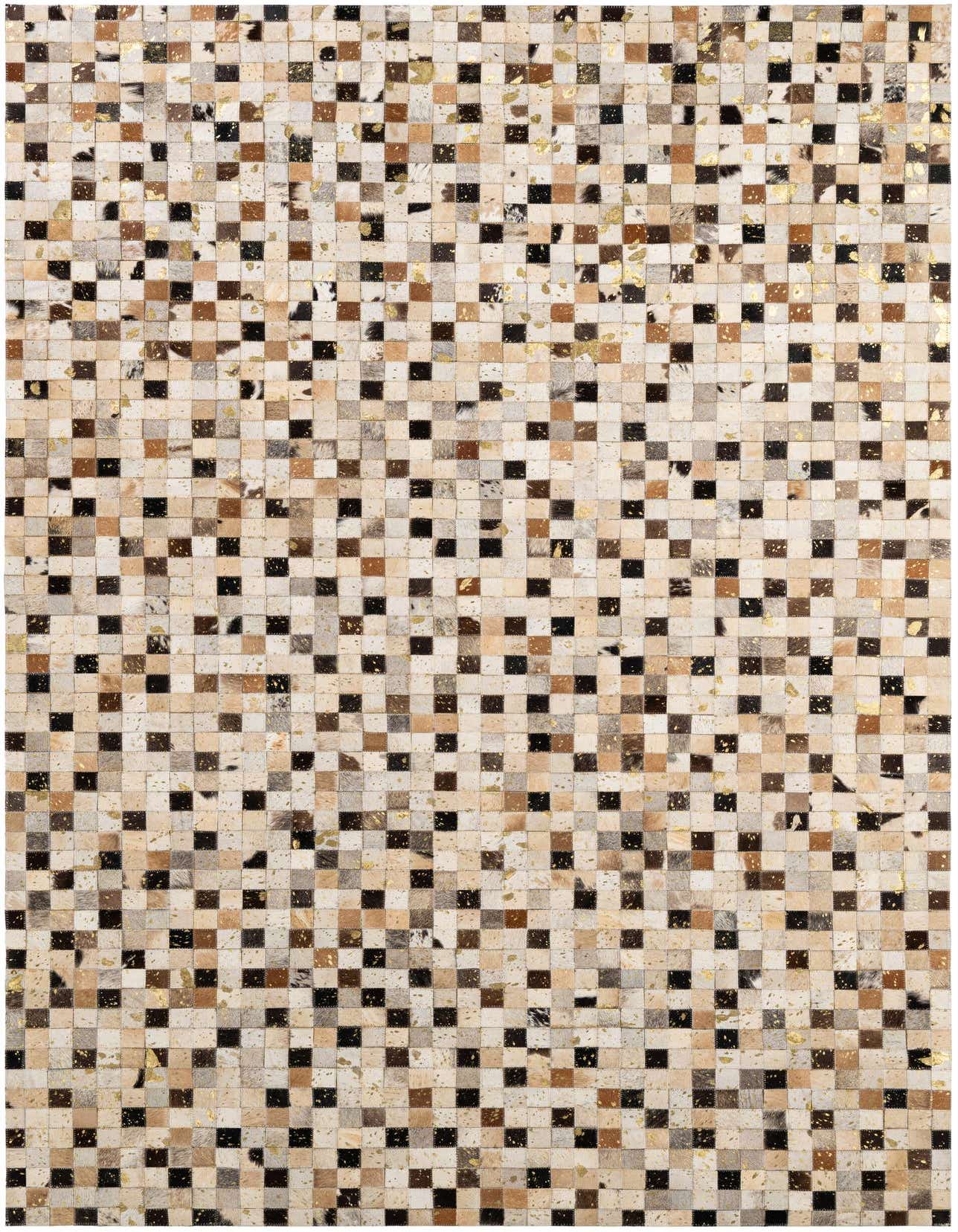 A rectangular 5x8 modern patchwork cowhide rug with multi-colored squares in shades of brown, black, white, and gold.
