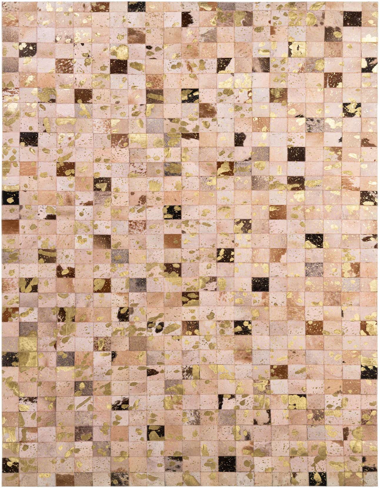 A rectangular 5x8 modern patchwork cowhide rug featuring multi-colored squares with metallic gold accents.