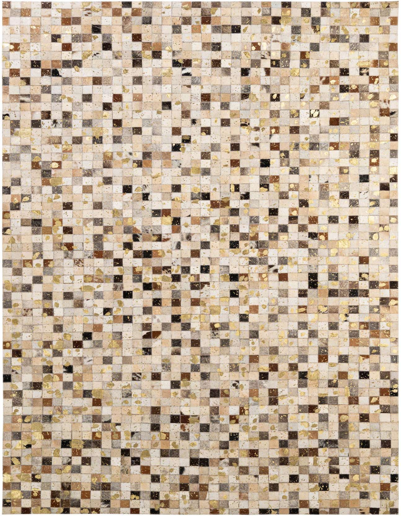 A 5x8 rectangular Cowhide Patchwork rug featuring a modern multi-colored mosaic pattern with gold accents.