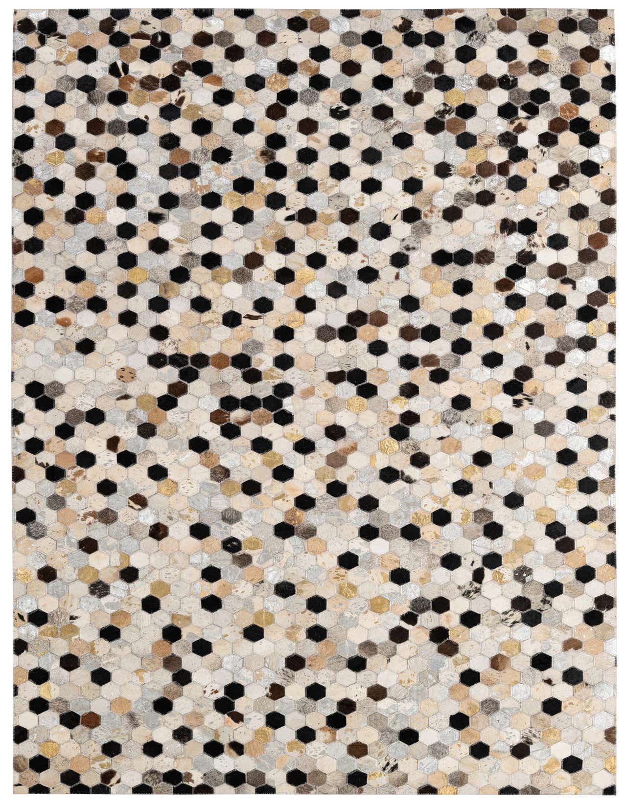 A 5x8 rectangular Cowhide & Leather rug featuring a modern patchwork of multi-colored hexagonal tiles, including black, brown, white, and metallic gold.