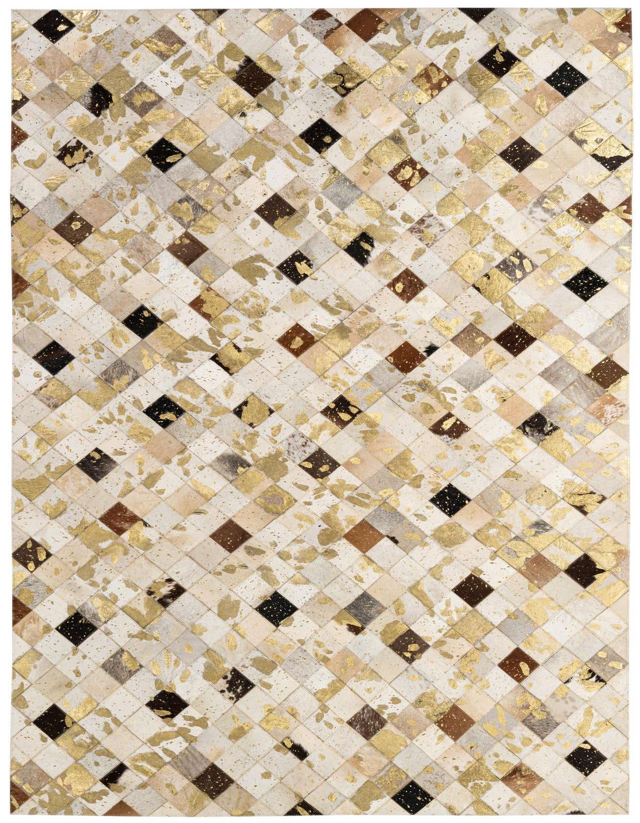 A rectangular 5x8 modern cowhide rug featuring a patchwork diamond pattern in multi-colored tones with gold metallic accents.