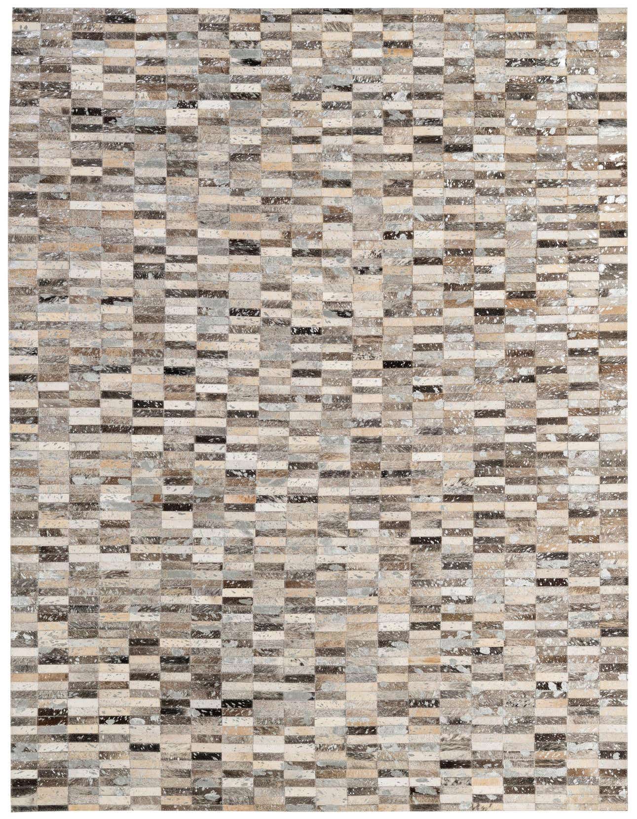 A rectangular 5x8 multi-colored cowhide patchwork rug featuring various shades of brown, beige, black, and white.