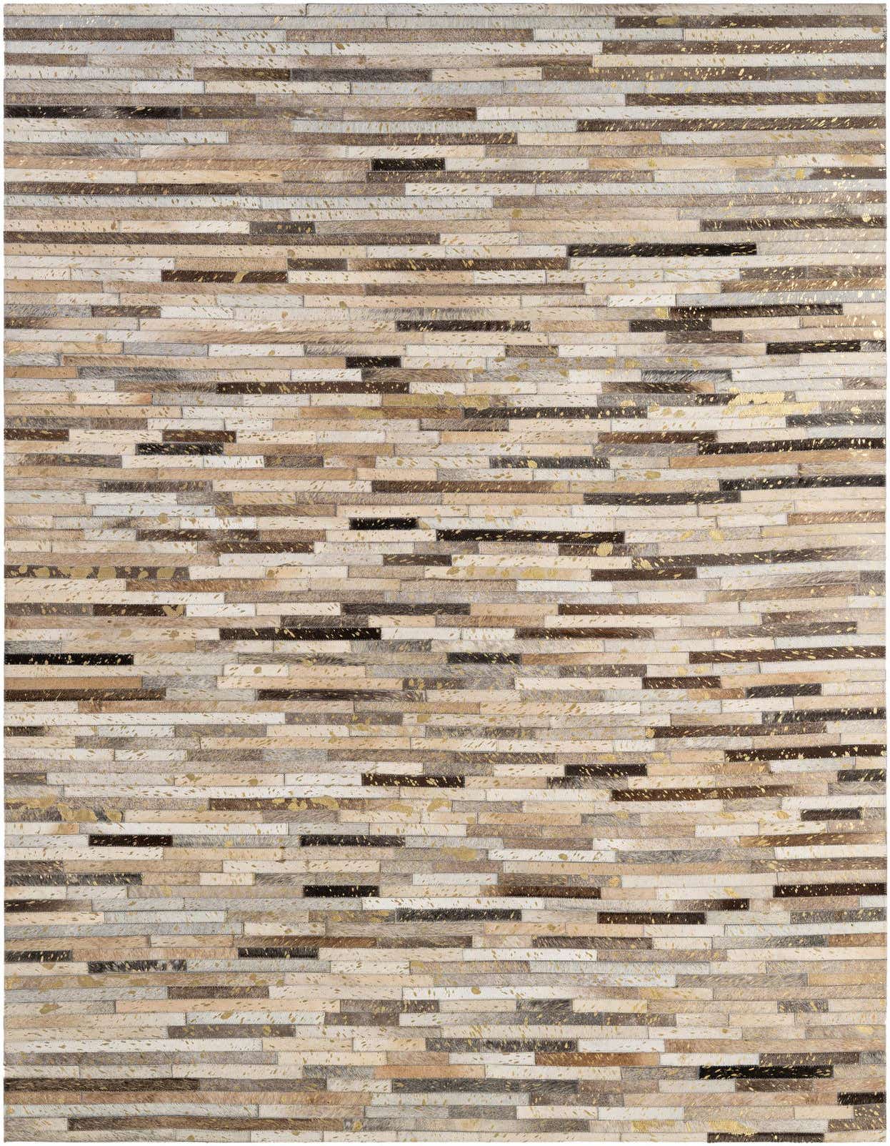 A rectangular 5x8 modern patchwork cowhide rug featuring multi-colored horizontal stripes with gold metallic accents, perfect for a living room.