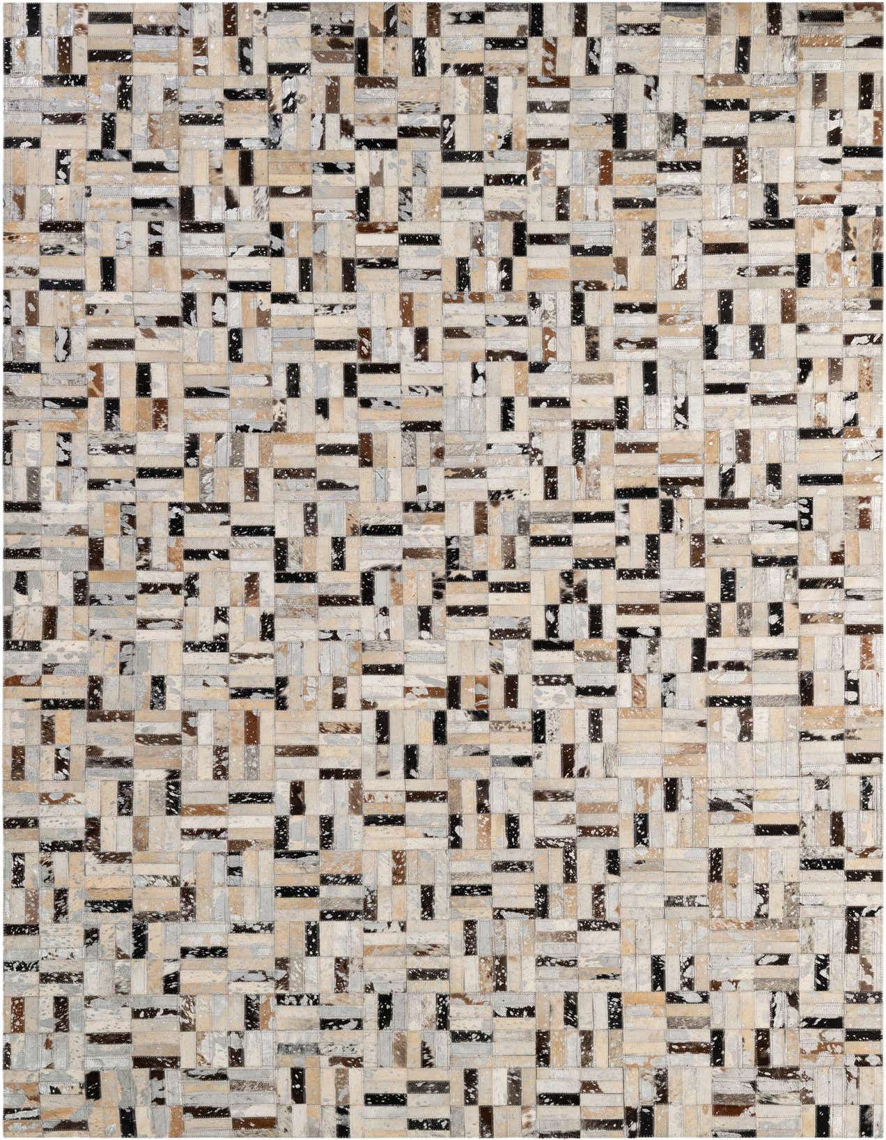 A rectangular 5x8 patchwork cowhide rug featuring a modern stripe pattern in multi-colored natural tones.