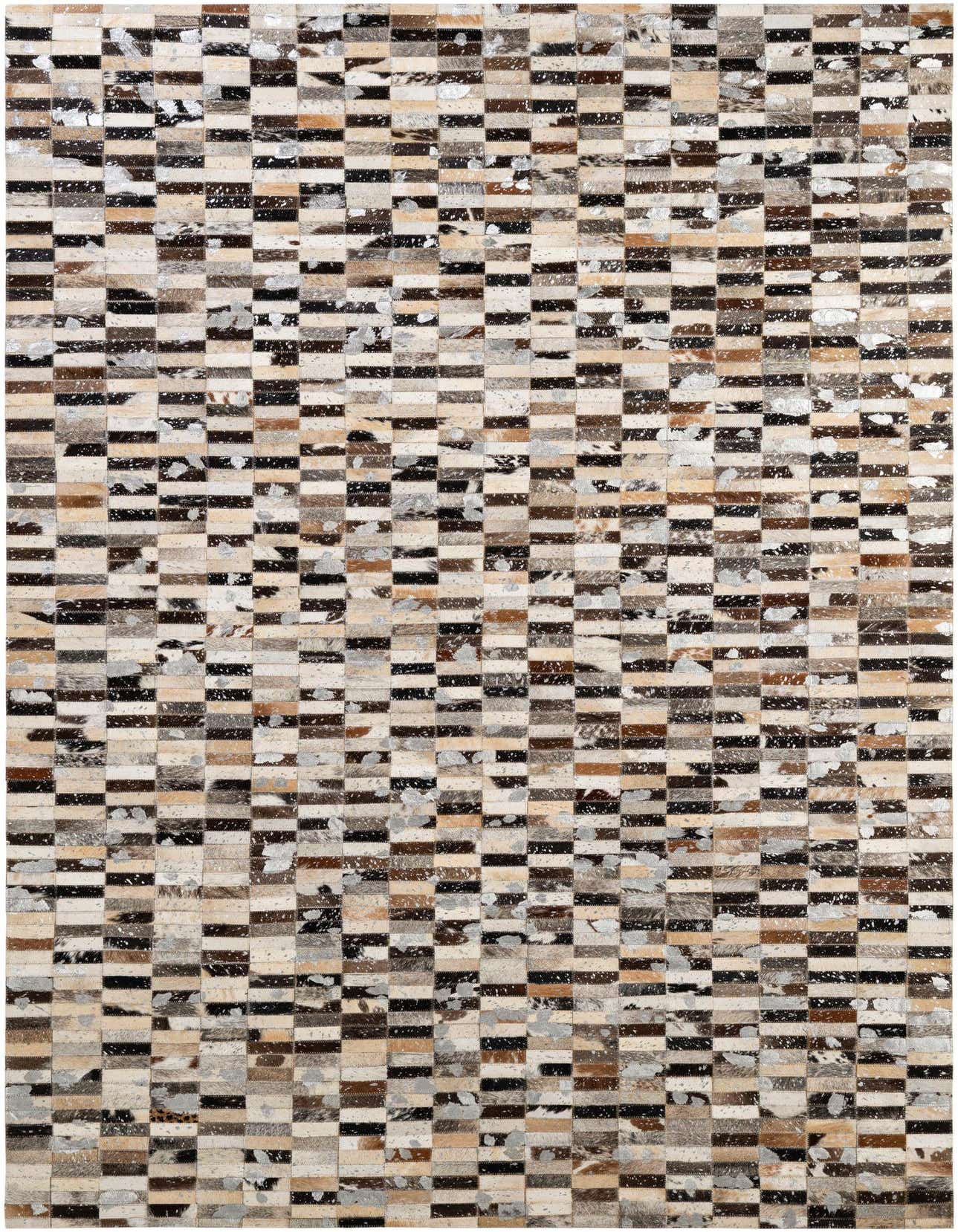 A rectangular 5x8 multi-colored cowhide patchwork rug with a modern stripe pattern, ideal for a living room.