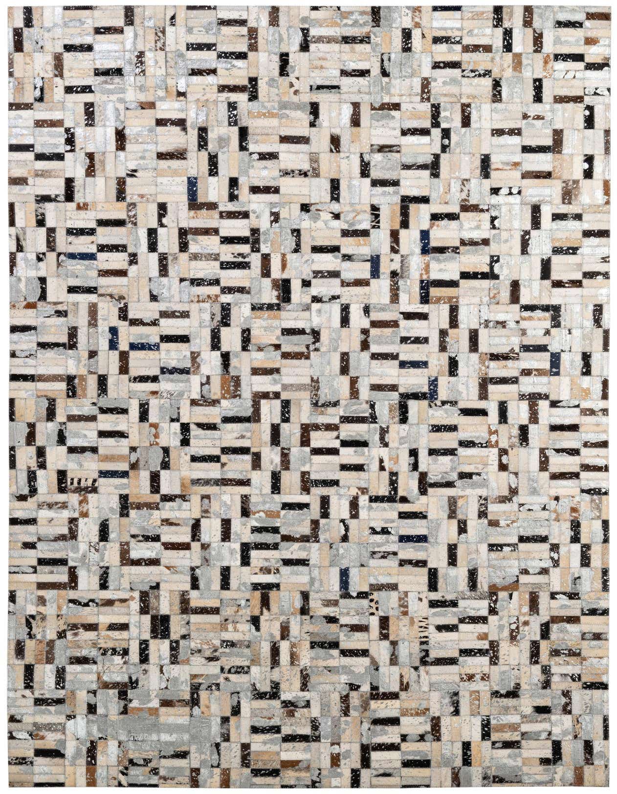 A 5x8 rectangular Cowhide Patchwork rug featuring a modern, multi-colored pattern of various natural cowhide and leather patches in shades of white, brown, black, and grey.