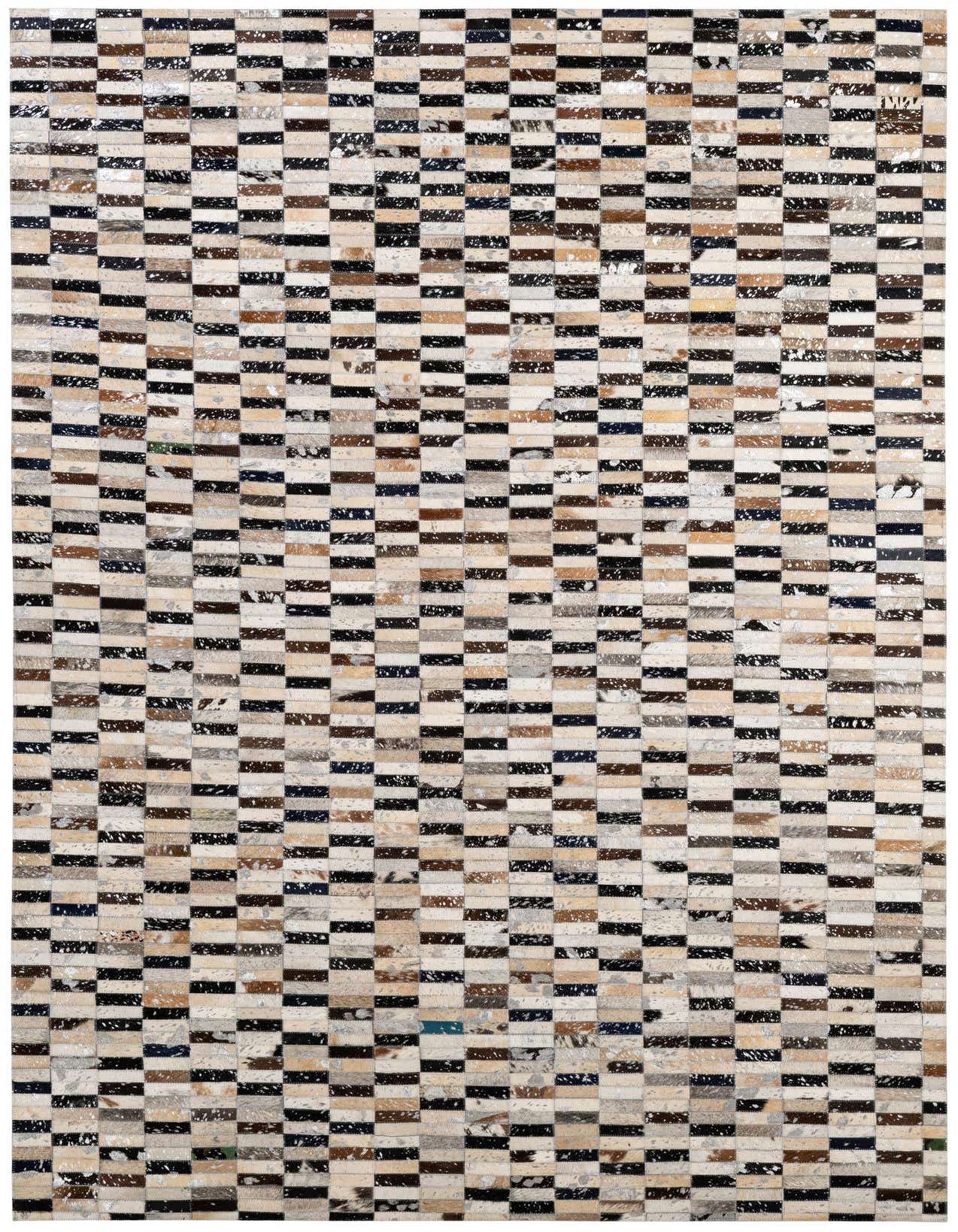 A rectangular 5x8 multi-colored cowhide patchwork rug with a modern stripe pattern, ideal for a living room.