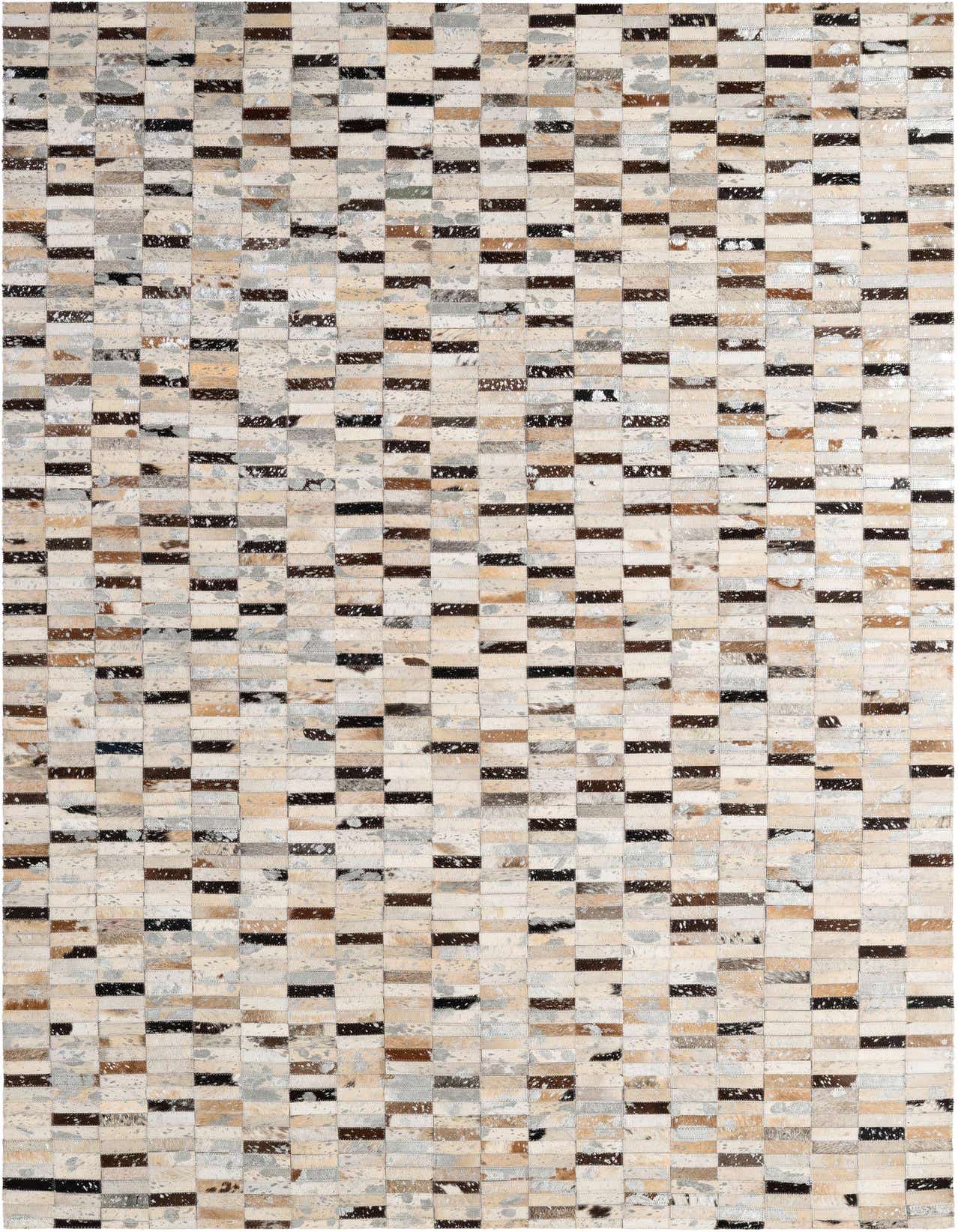 A rectangular 5x8 multi-colored cowhide rug with a modern patchwork stripe pattern, suitable for a living room.