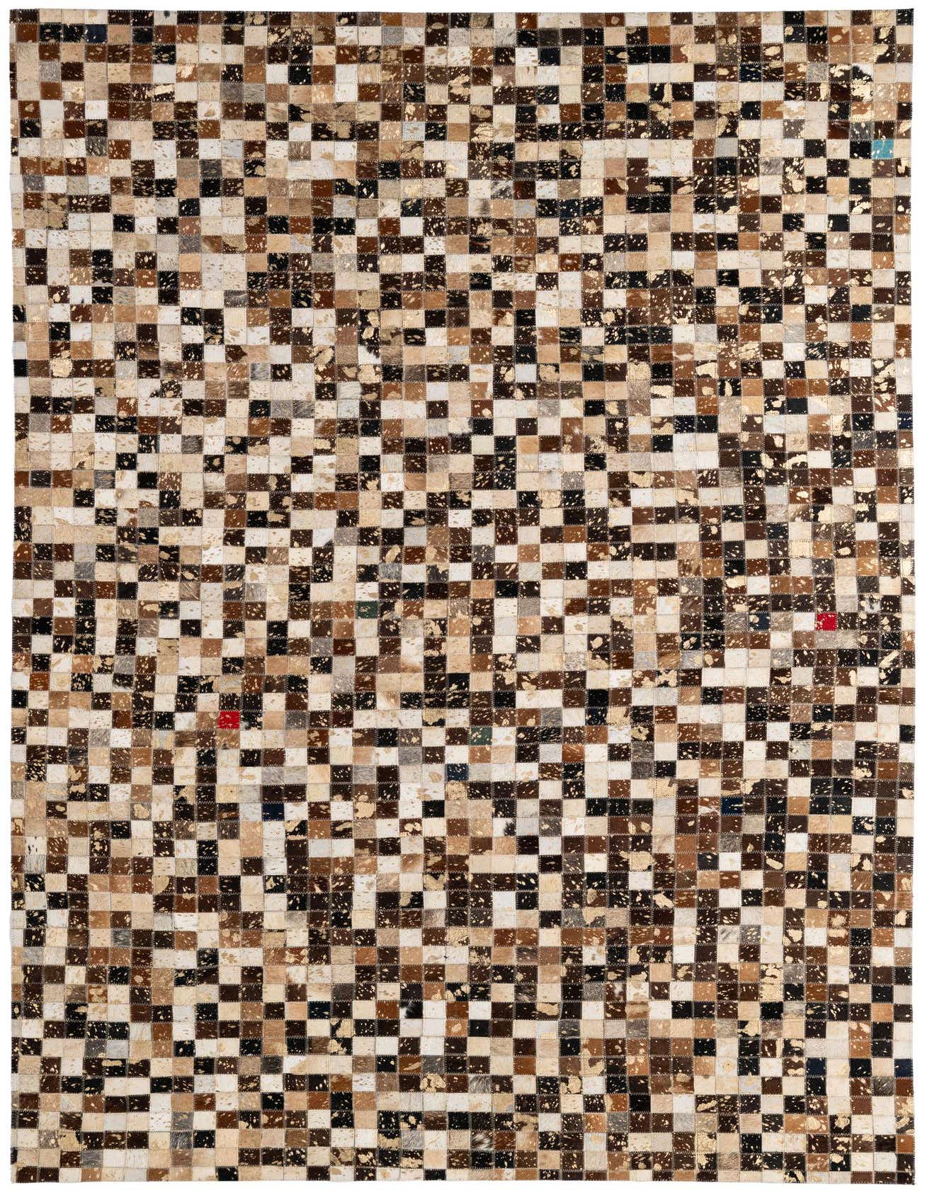 A rectangular 5x8 multi-colored patchwork cowhide rug, featuring a modern checkerboard pattern of natural brown, black, and white squares, ideal for a living room.