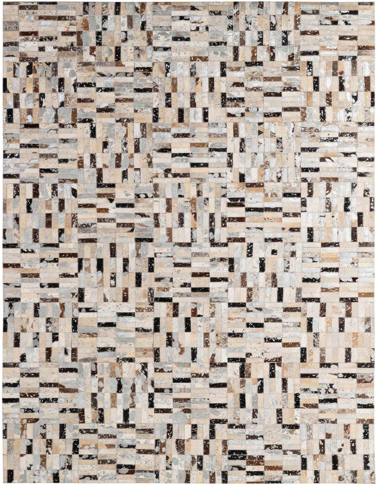 A rectangular 5x8 modern patchwork cowhide rug with multi-colored rectangular pieces in varying shades of brown, black, white, and grey.