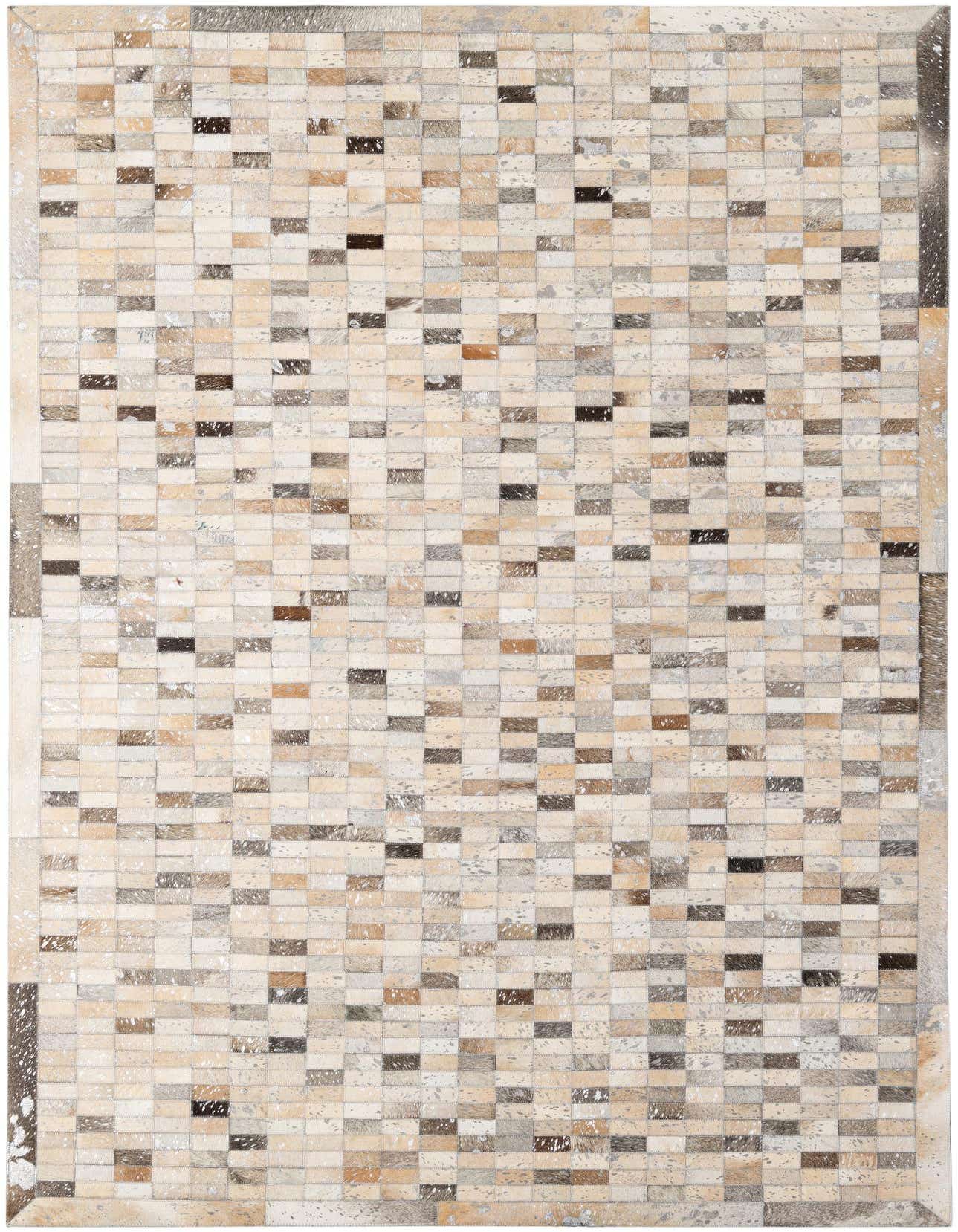 A 5x8 rectangular Cowhide Patchwork rug featuring a modern pattern of multi-colored squares in various natural brown, beige, and gray tones.