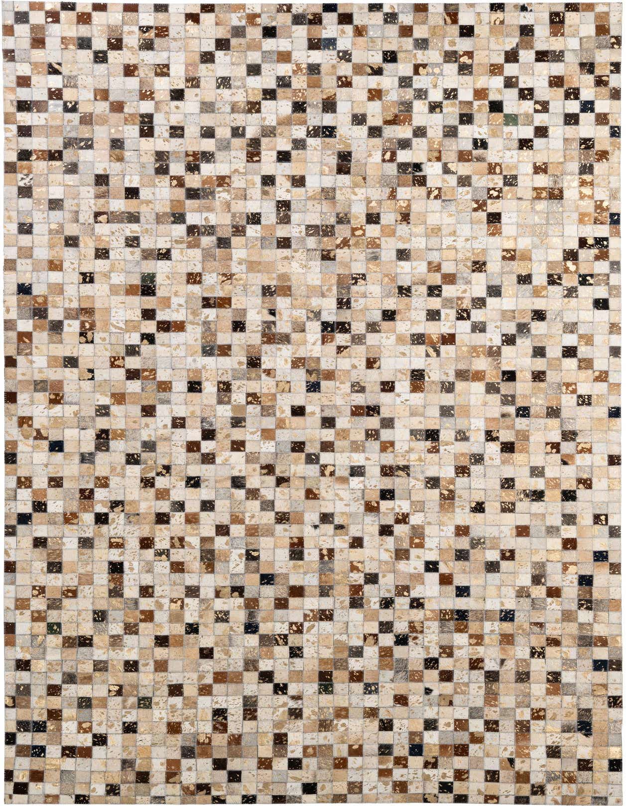A rectangular 5x8 modern patchwork cowhide rug featuring a mosaic of multi-colored squares in natural tones.