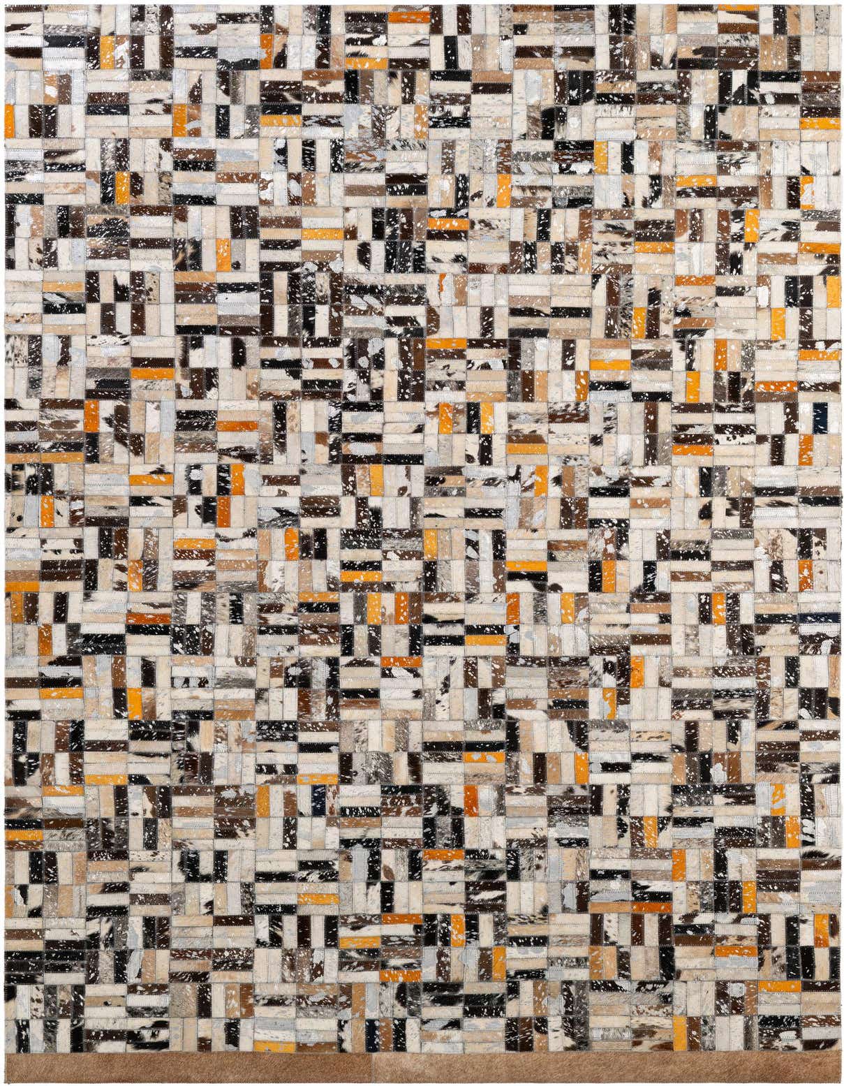 A 5x8 rectangular patchwork cowhide rug with multi-colored stripes and a medium pile, perfect for a modern living room.