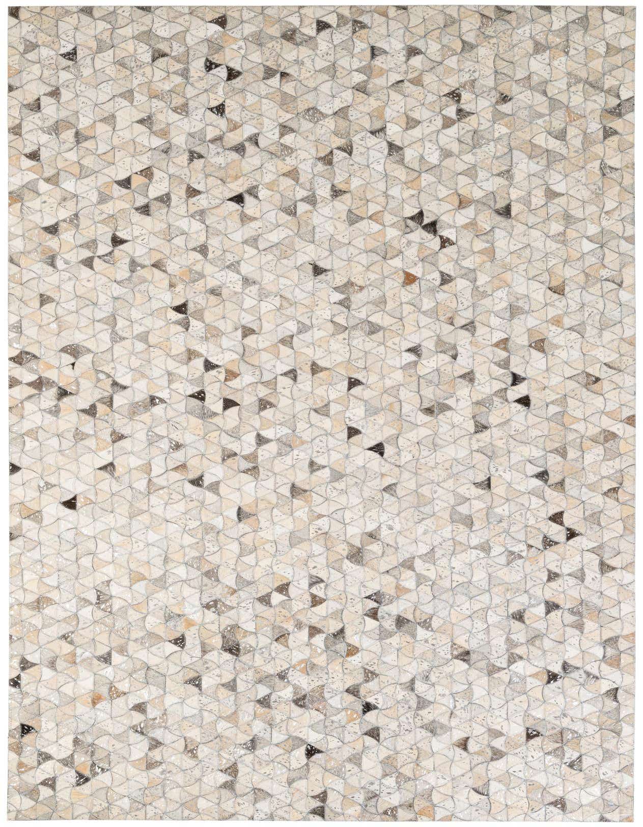 A rectangular 5x8 modern Cowhide & Leather rug with a multi-colored patchwork design, featuring various shades of brown, beige, and gray triangular and fan-shaped pieces.