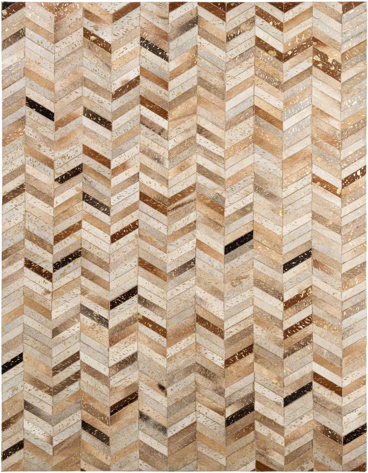 A 5x8 rectangular modern cowhide rug featuring a chevron pattern in various shades of brown, beige, and white, with metallic gold flecks.