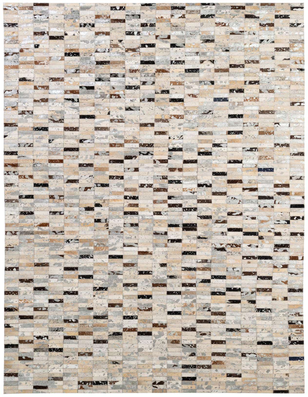 A 5x8 rectangular Cowhide Patchwork rug featuring a modern pattern of multi-colored squares in various shades of brown, black, white, and grey.
