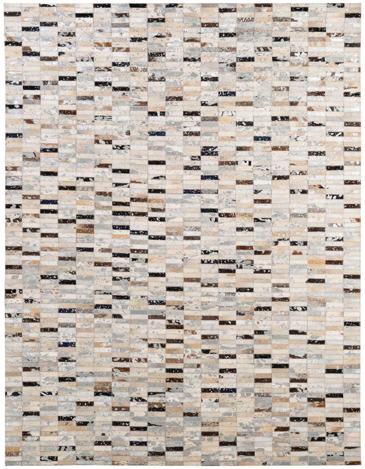 A 5x8 rectangular Cowhide Patchwork rug featuring a modern pattern of multi-colored squares in various natural tones.