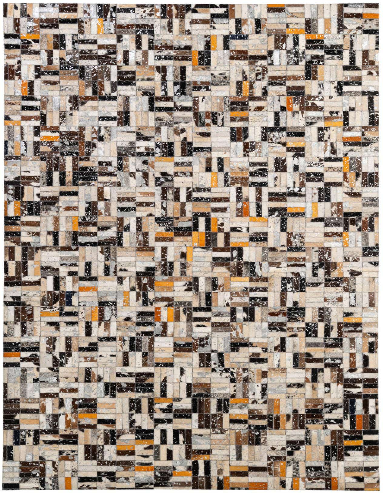 A 5x8 rectangular Cowhide - Patchwork rug featuring a modern stripe pattern in multi-colored hues including brown, black, white, and orange.
