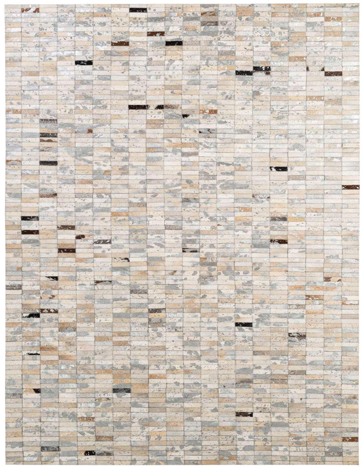 A rectangular 5x8 patchwork cowhide rug featuring a modern stripe pattern in multi-colored natural tones, ideal for a living room.