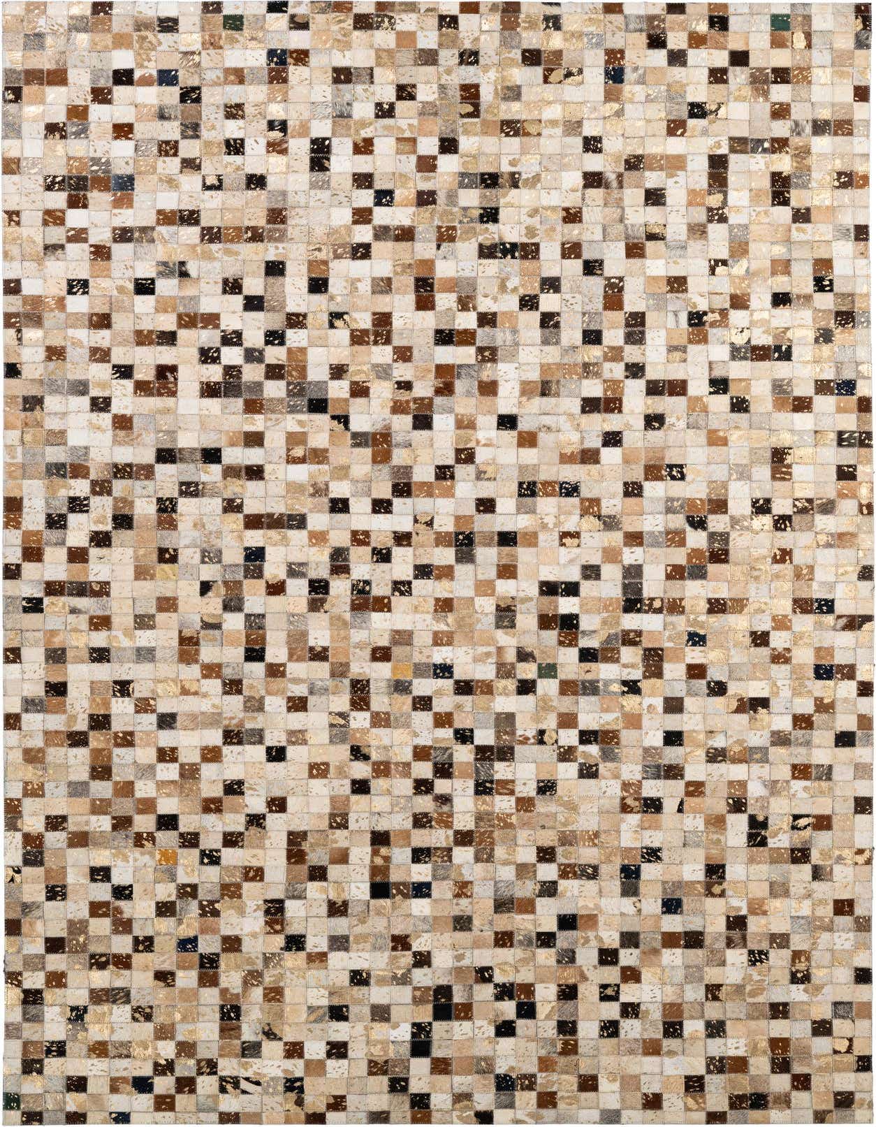 A rectangular 5x8 modern patchwork cowhide rug with multi-colored squares in shades of brown, beige, black, and gold.