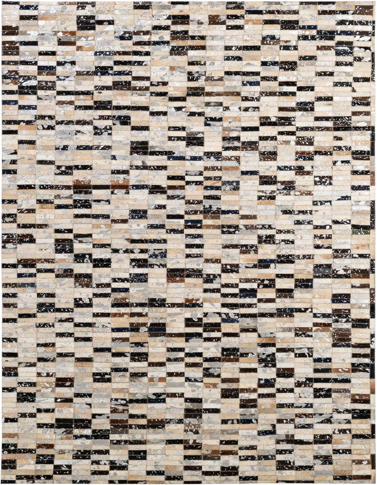 A 5x8 rectangular Cowhide Patchwork rug featuring a modern pattern of multi-colored squares in black, brown, cream, and white tones.