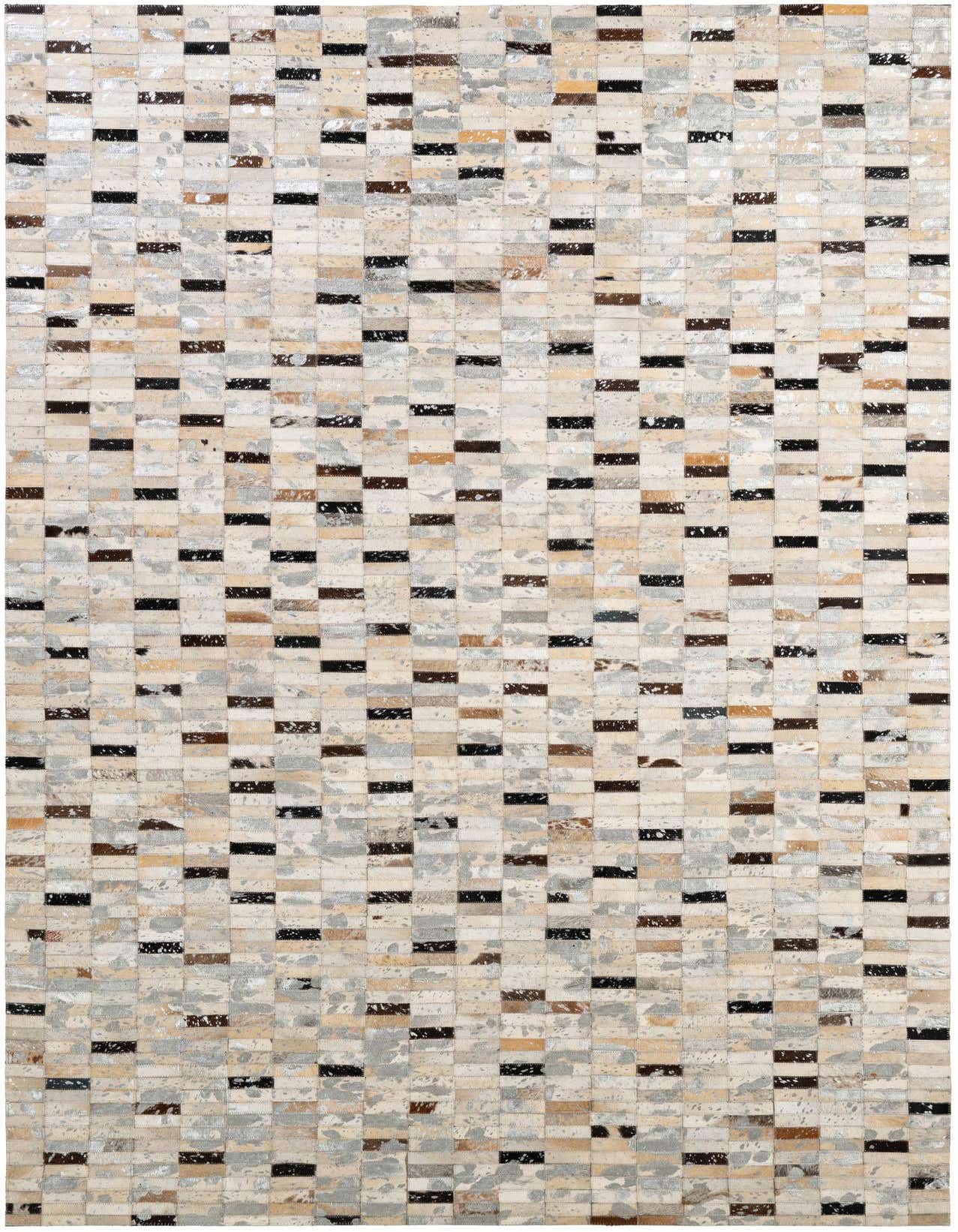 A 5x8 rectangular Cowhide Patchwork rug featuring a modern pattern of multi-colored rectangular leather and cowhide patches in shades of white, beige, brown, and black.