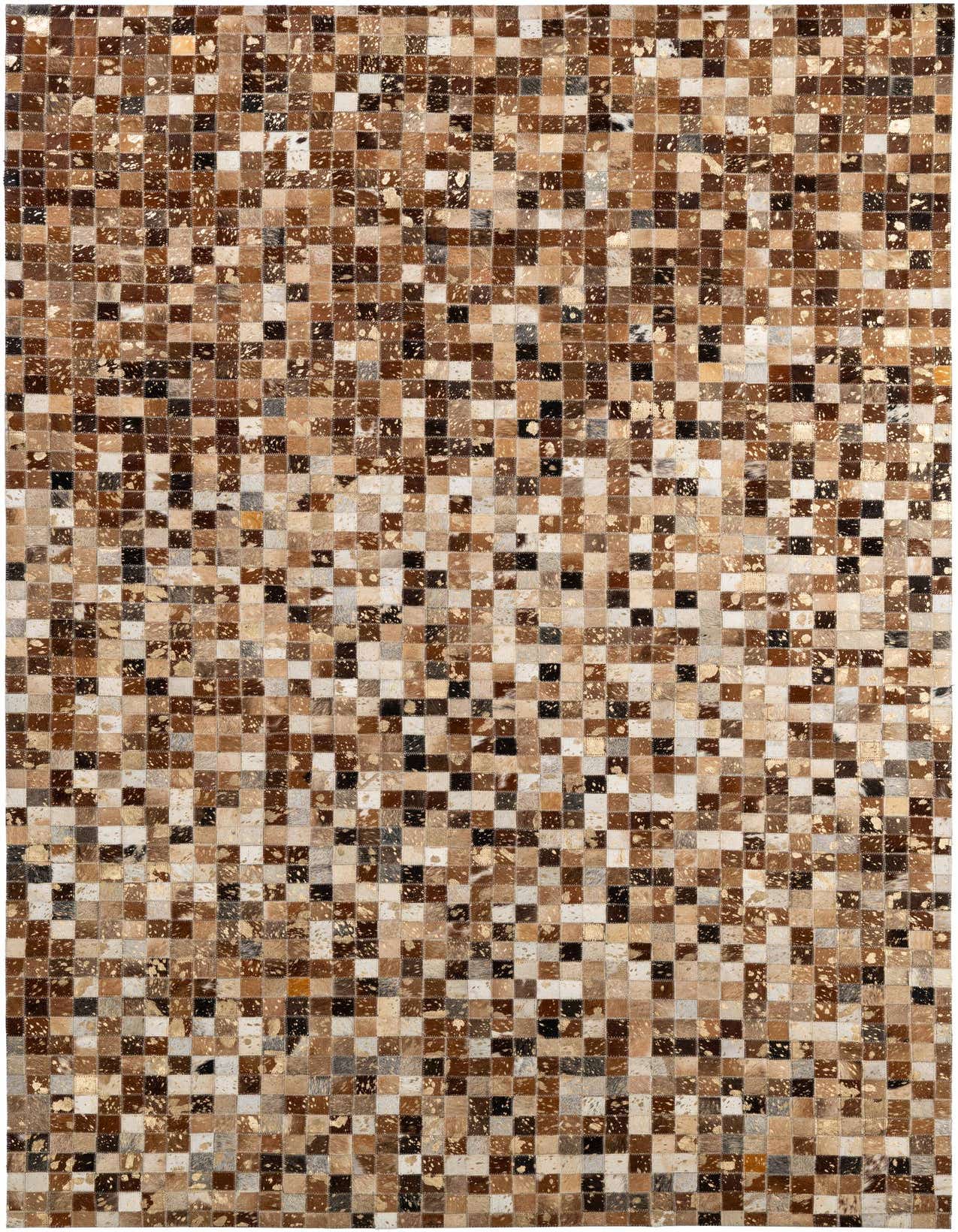 A 5x8 rectangular Cowhide Patchwork rug featuring a modern multi-colored mosaic of natural brown, black, white, and gold-flecked squares.