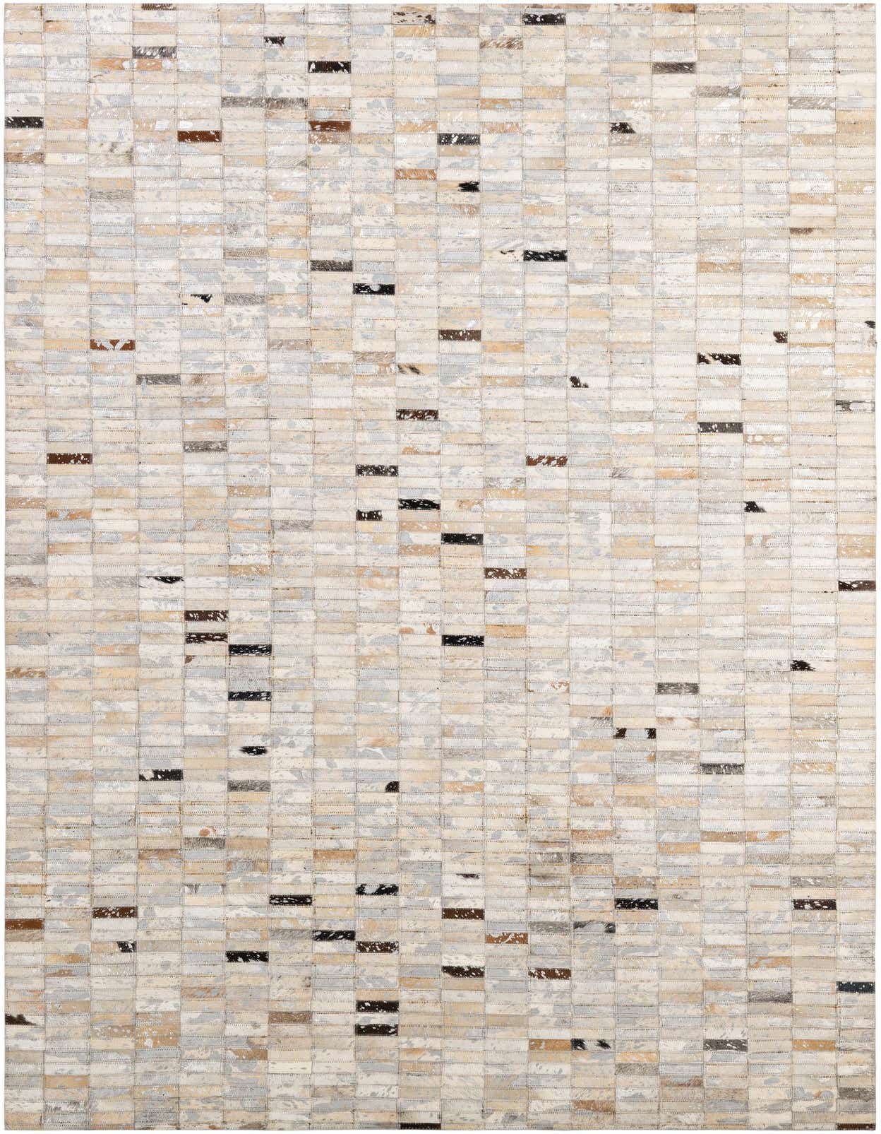 A rectangular 5x8 modern patchwork cowhide rug with multi-colored squares in shades of cream, beige, brown, and grey.