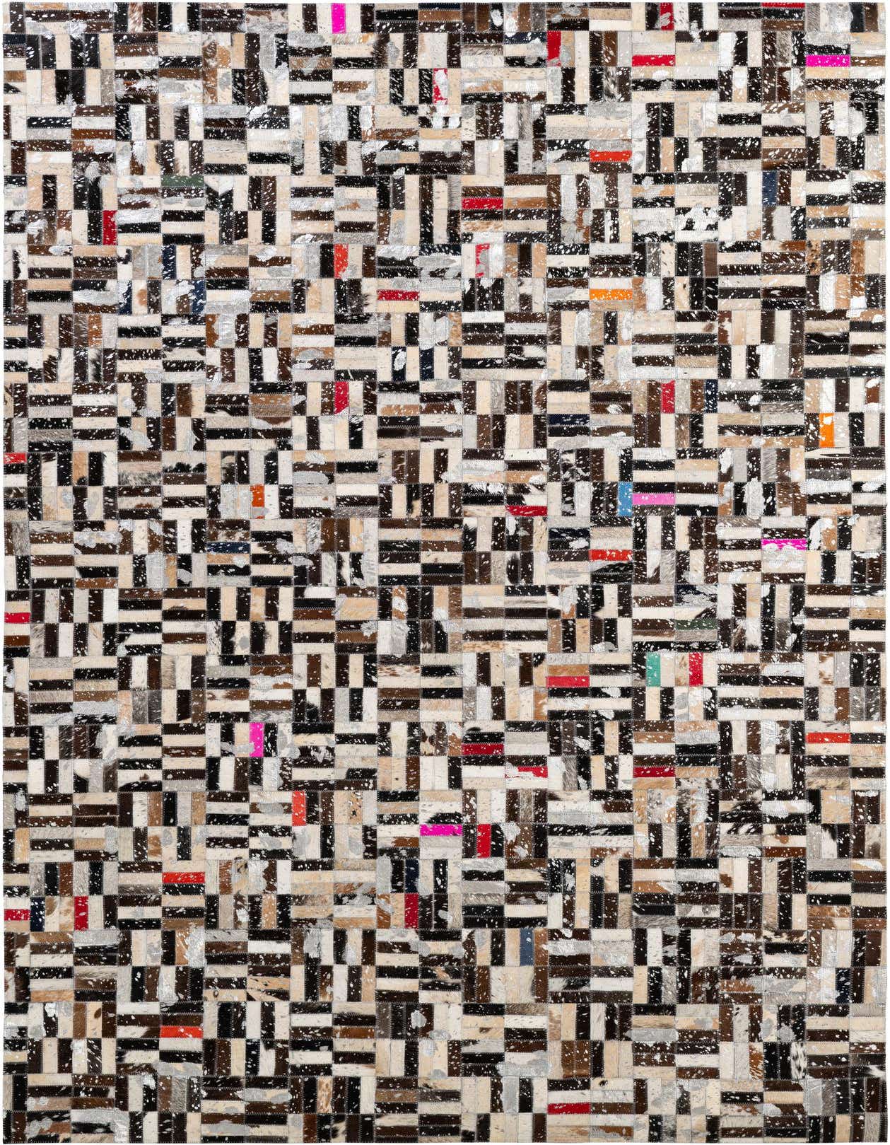 A 5x8 rectangular Cowhide Patchwork rug with multi-colored modern stripe patterns, perfect for a living room.
