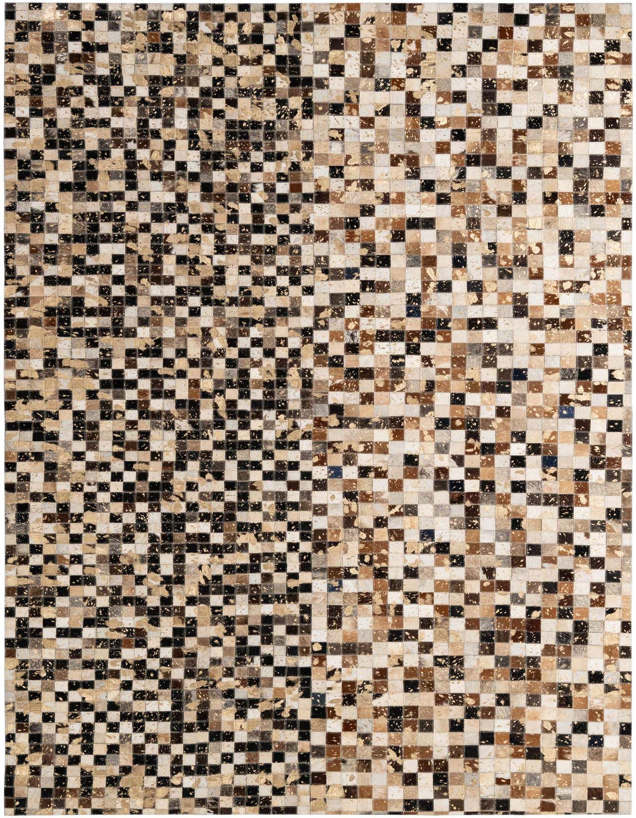A 5x8 rectangular Cowhide Patchwork rug featuring a modern, multi-colored checkerboard pattern in black, brown, and cream tones, with gold accents.