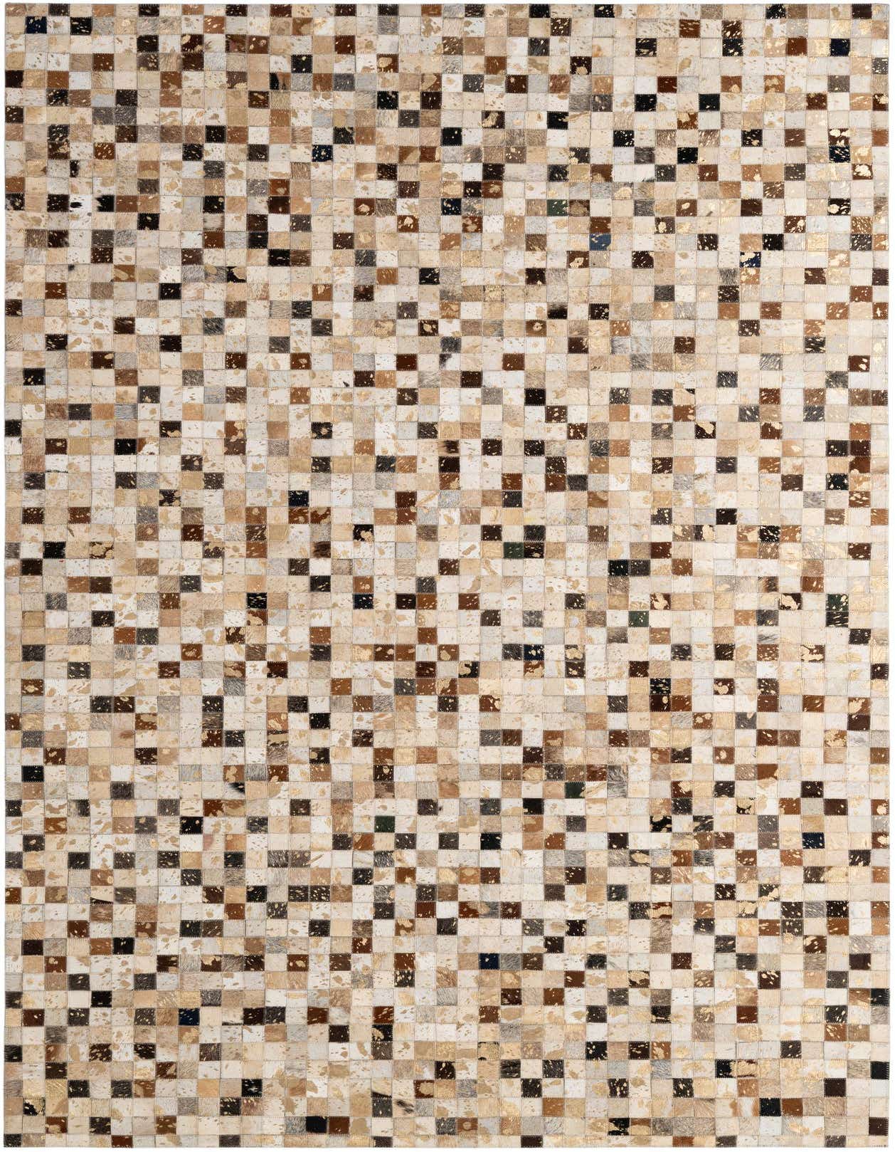 A 5x8 rectangular Cowhide Patchwork rug featuring a modern multi-colored square pattern in shades of brown, beige, and black.