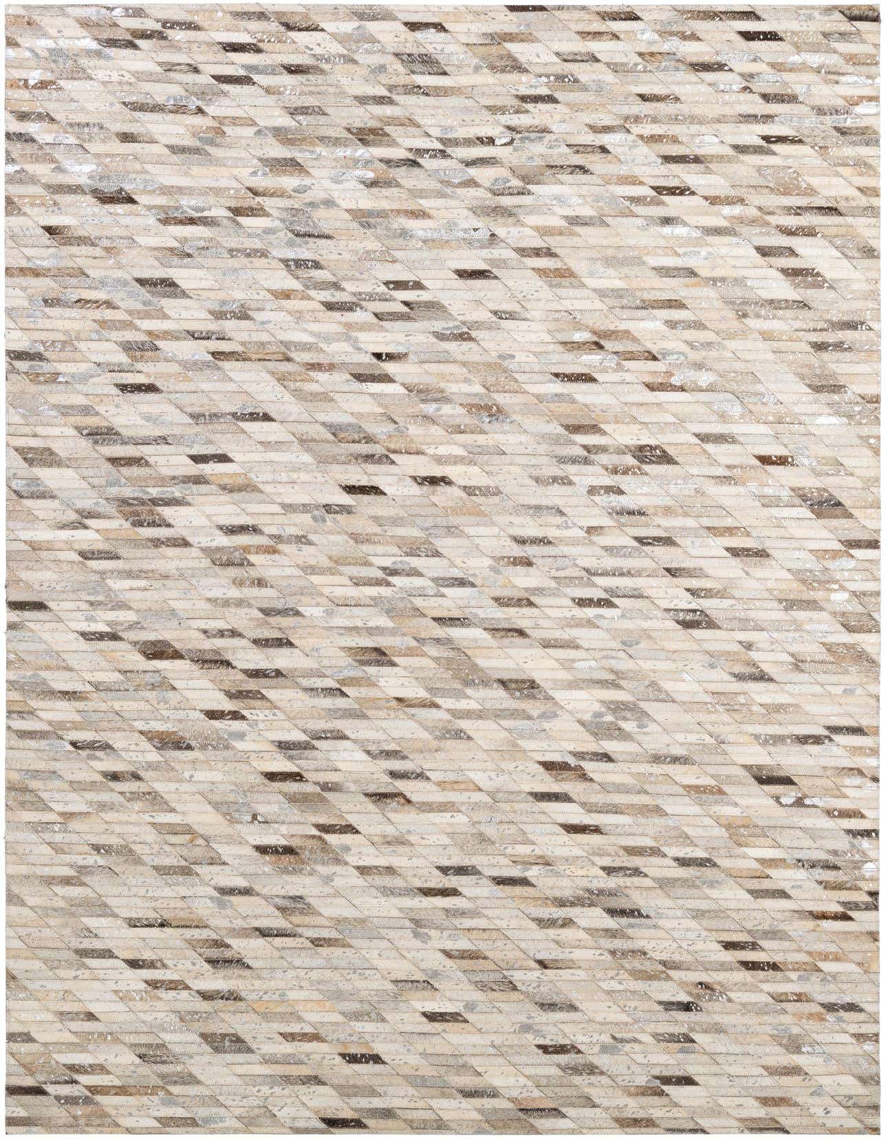 A 5x8 rectangular Cowhide Patchwork rug featuring a modern stripe pattern in multi-colored natural tones.
