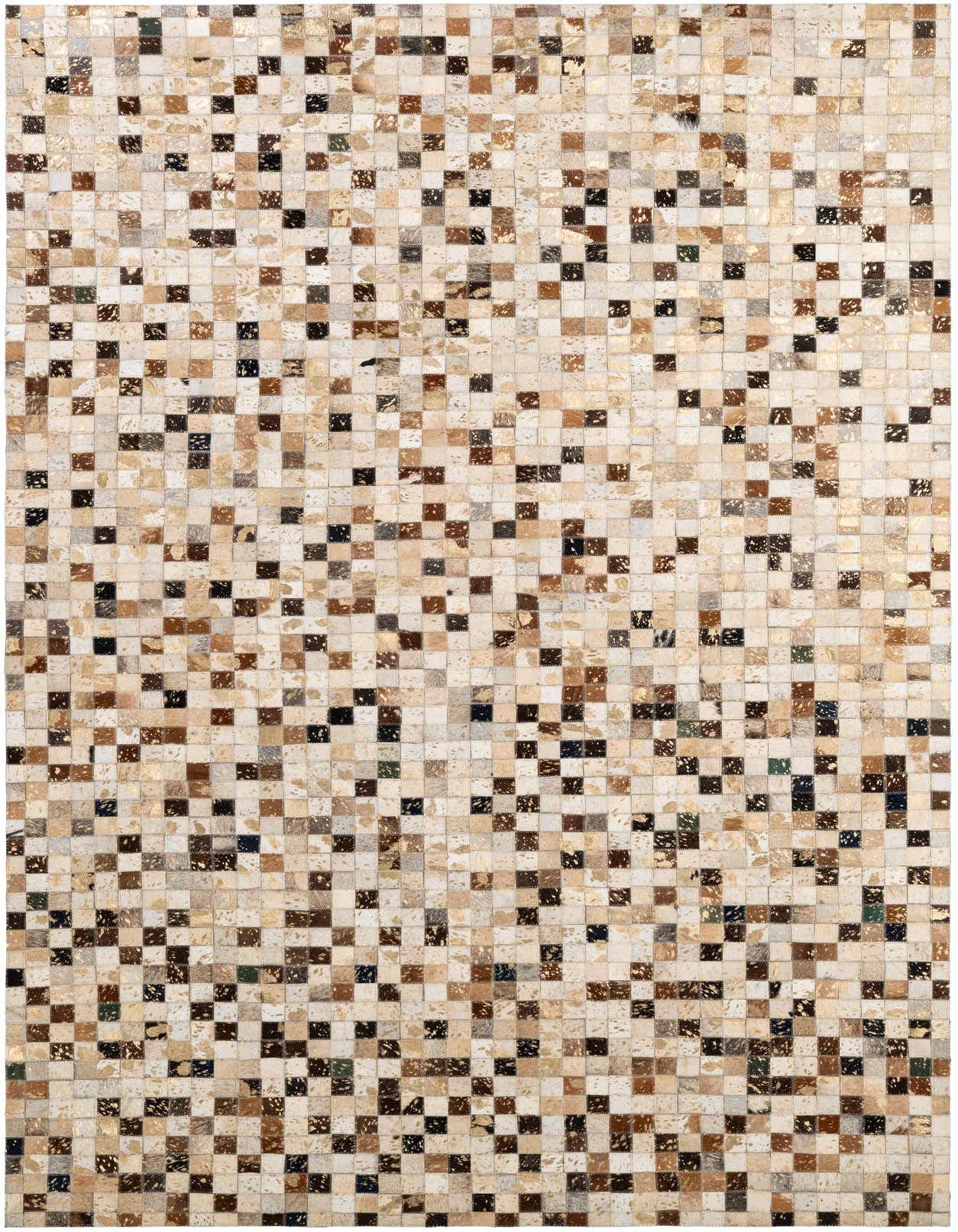 A rectangular 5x8 modern patchwork cowhide rug with multi-colored squares in shades of brown, beige, and black.