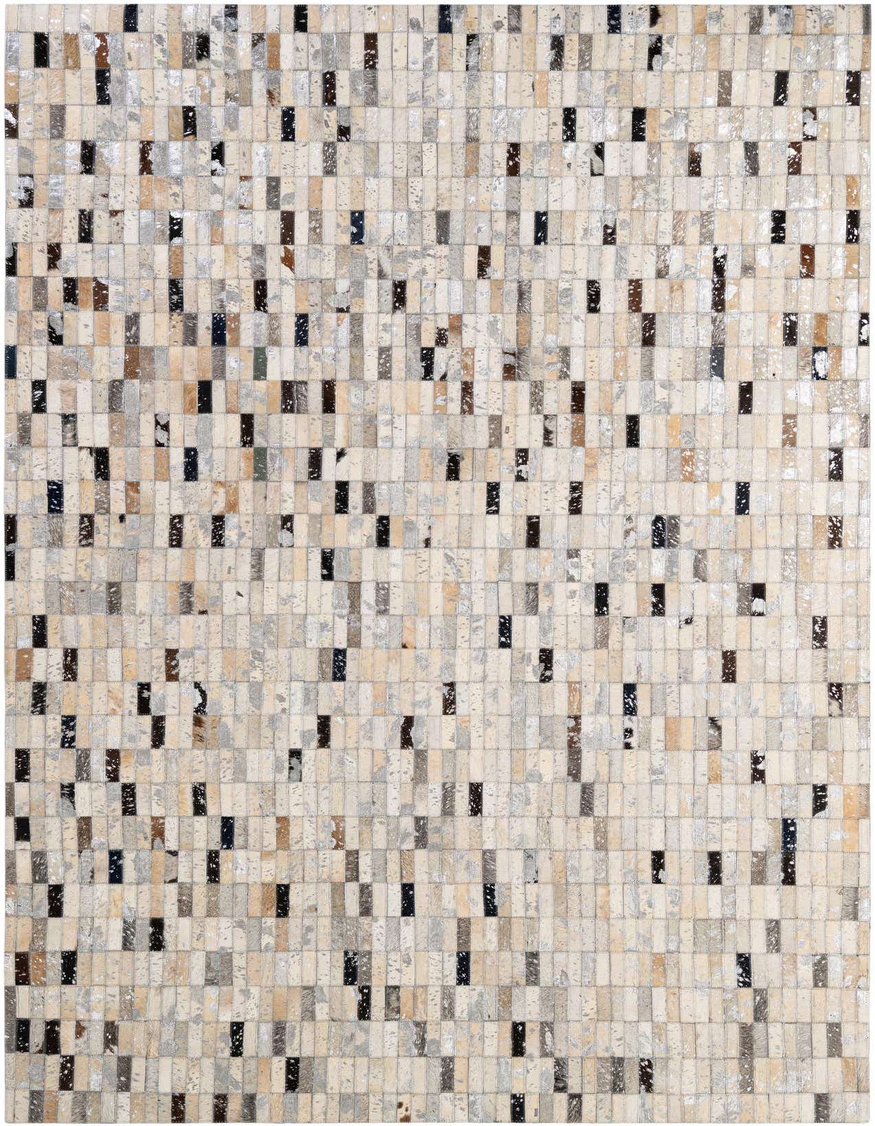 A 5x8 rectangular Cowhide Patchwork rug with a modern stripe pattern in multi-colored natural tones, suitable for various indoor rooms.