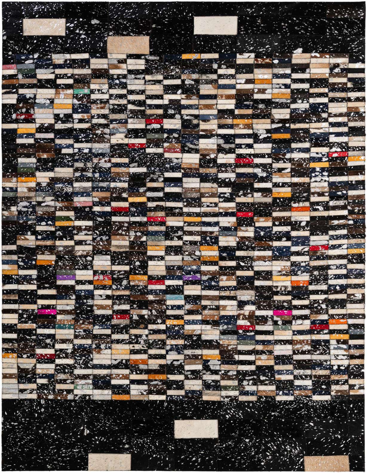 A 5x8 rectangular Cowhide Patchwork rug featuring a modern stripe pattern with multi-colored squares and speckled black sections.