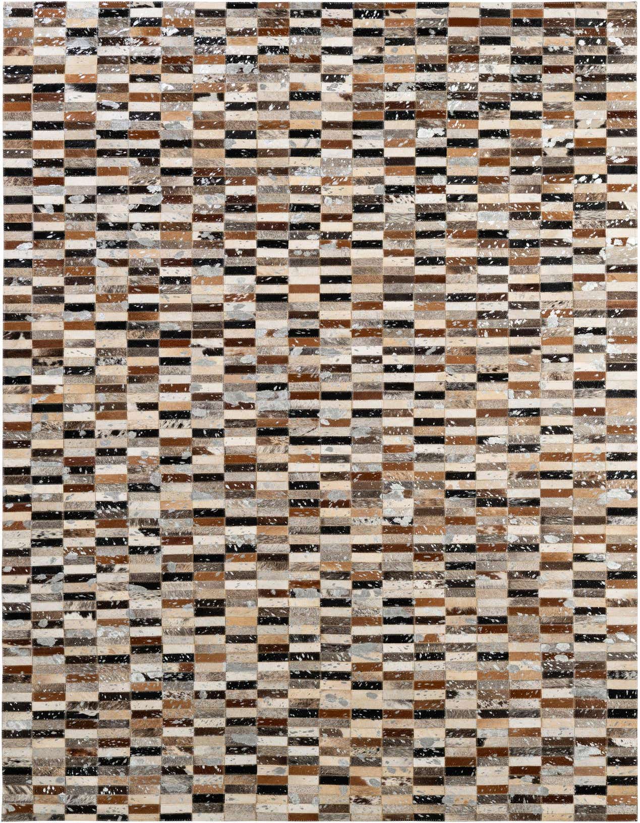 A rectangular 5x8 multi-colored cowhide rug with a modern patchwork stripe pattern, suitable for a living room.