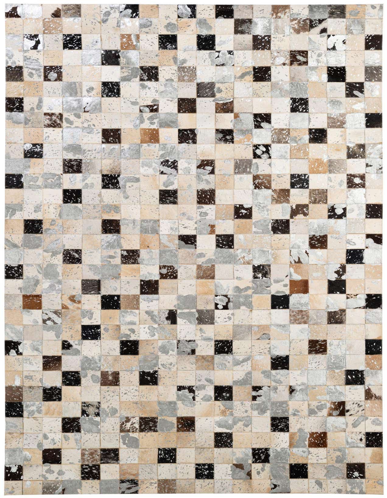 A rectangular 5x8 modern patchwork cowhide rug with squares in shades of multi-colored, black, brown, cream, and metallic silver.