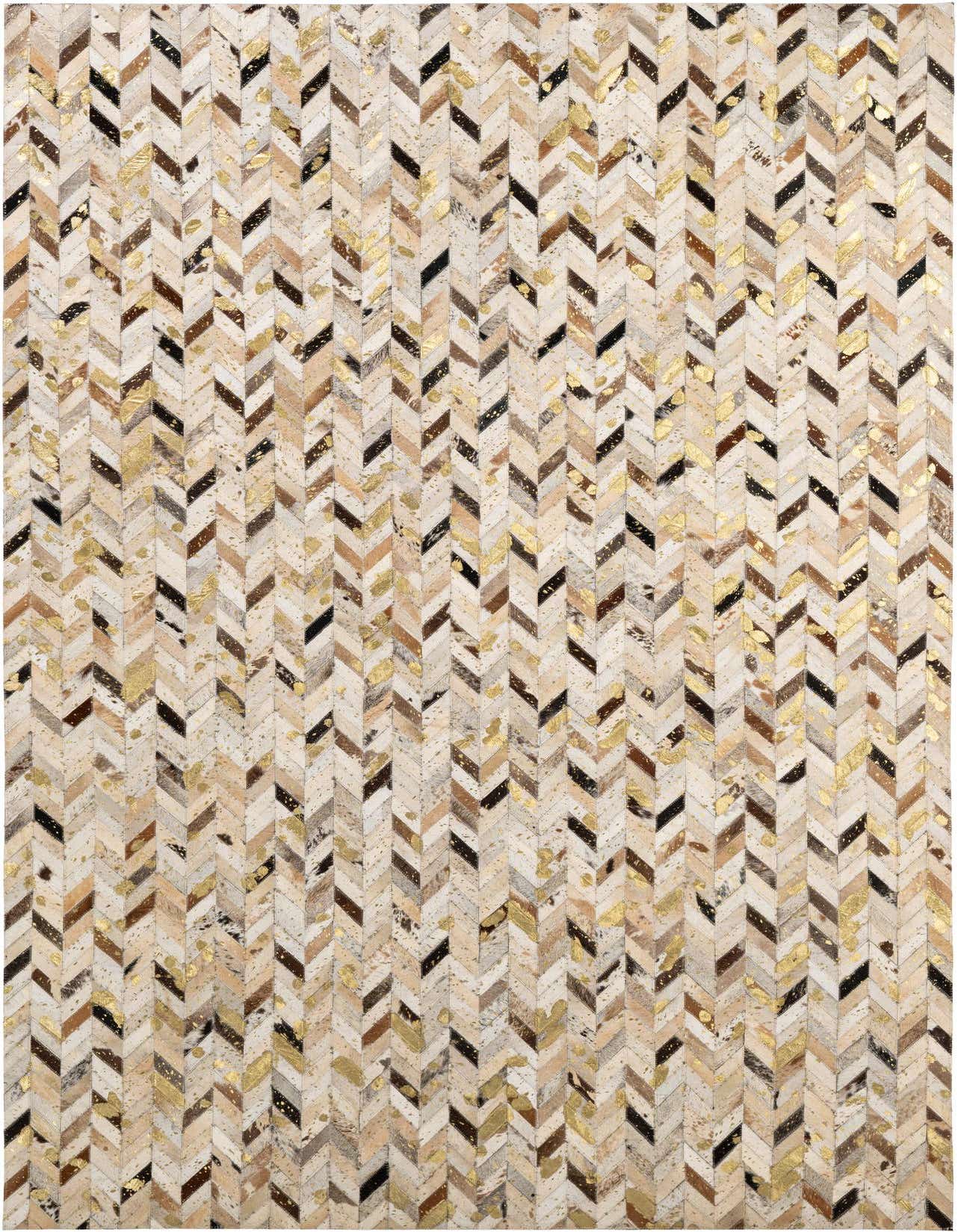 A rectangular 5x8 modern cowhide rug with a multi-colored chevron pattern and gold accents, ideal for a living room.