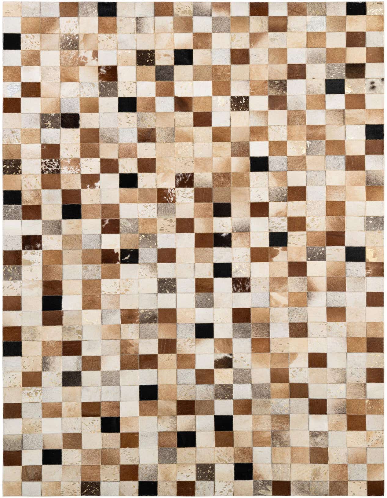 A rectangular 5x8 modern patchwork rug made from multi-colored cowhide and leather squares, ideal for a living room.