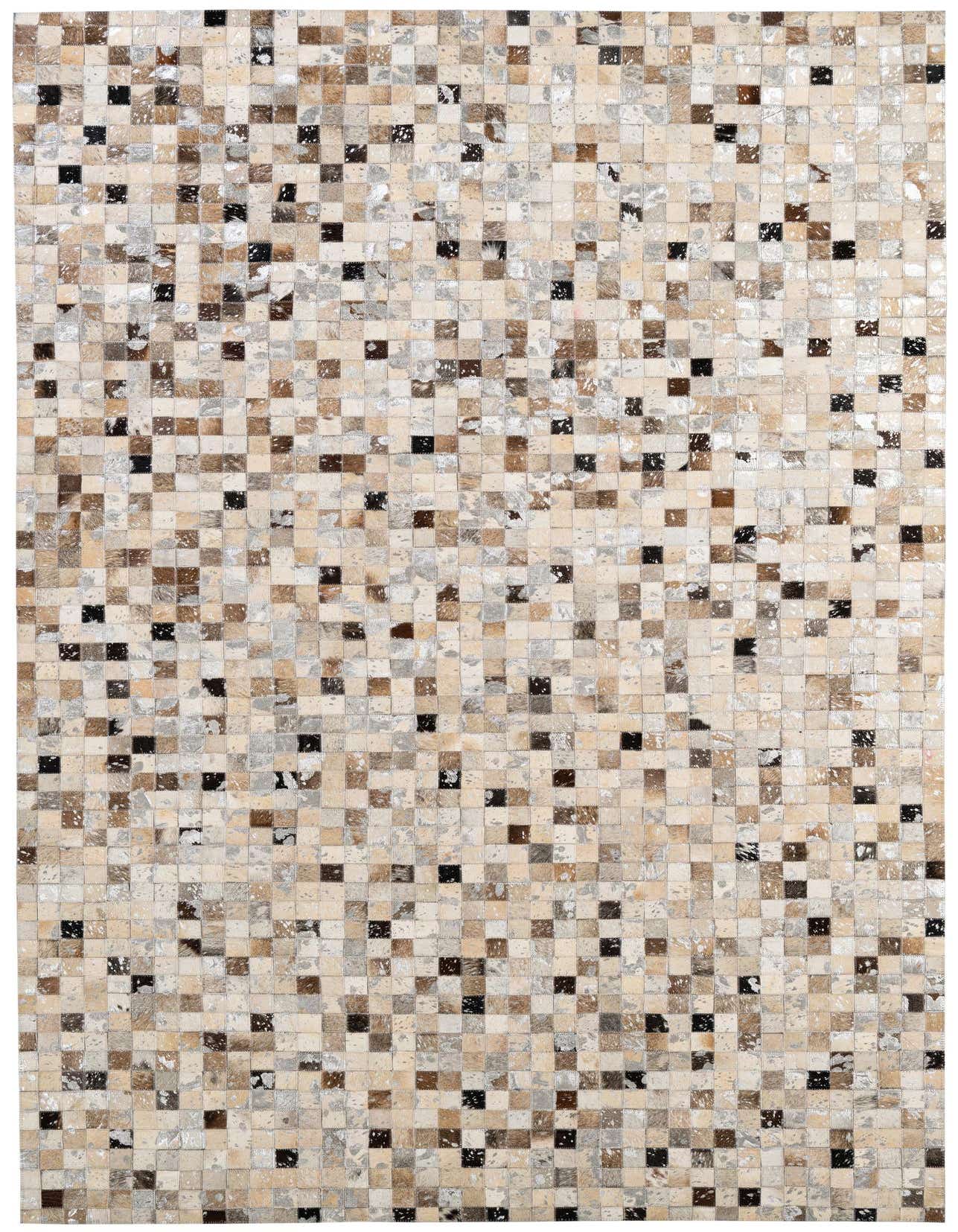 A rectangular 5x8 modern patchwork cowhide rug featuring a mosaic of multi-colored squares in natural brown, beige, cream, and black tones.