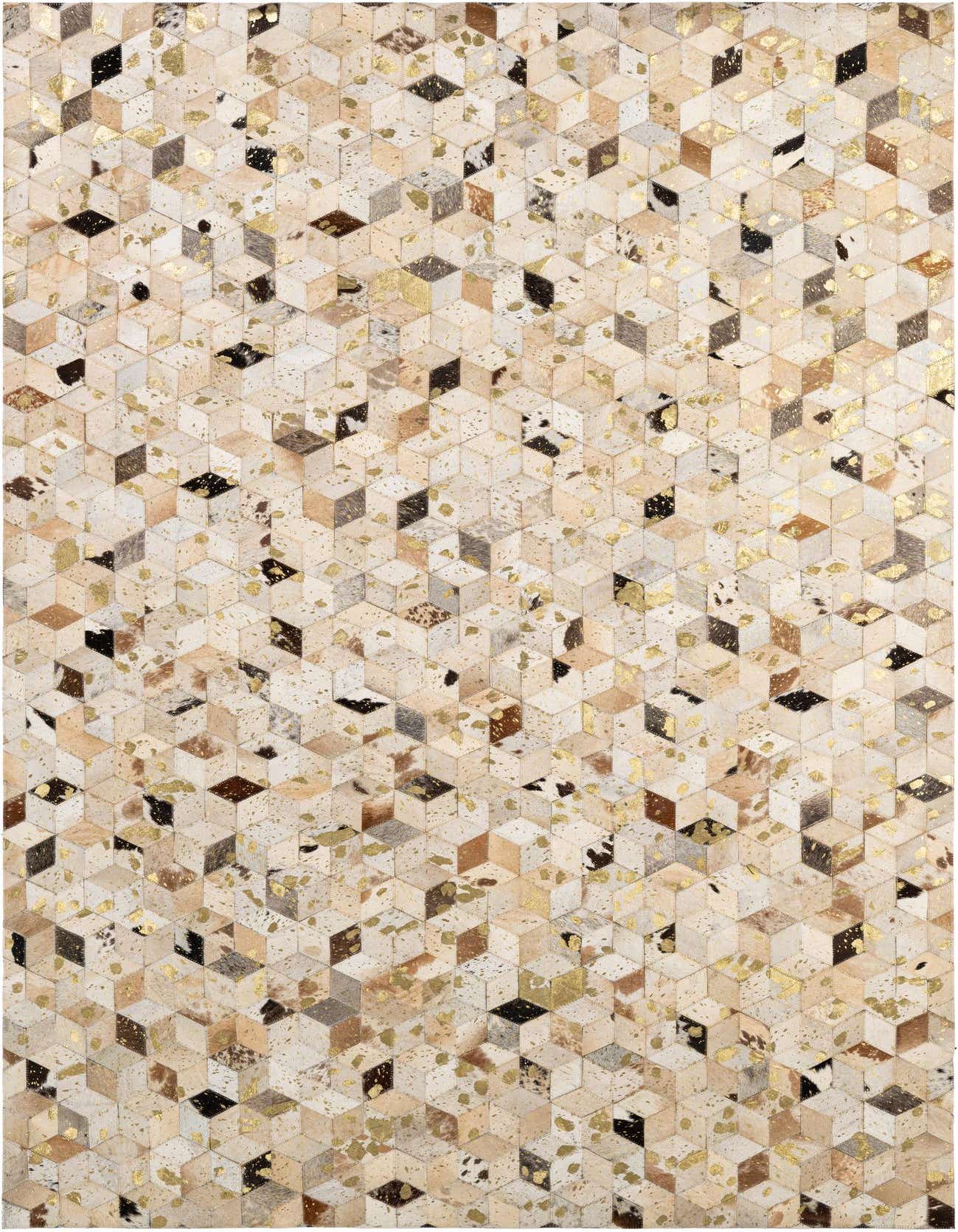 A rectangular 5x8 modern patchwork cowhide rug with a multi-colored geometric cube pattern and gold accents.