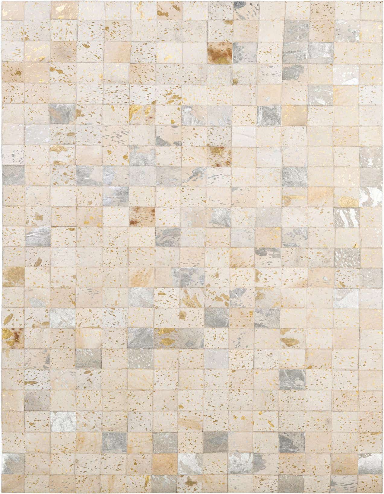 A 5x8 rectangular Cowhide - Patchwork rug featuring a modern, multi-colored square pattern with gold speckles, ideal for a living room.