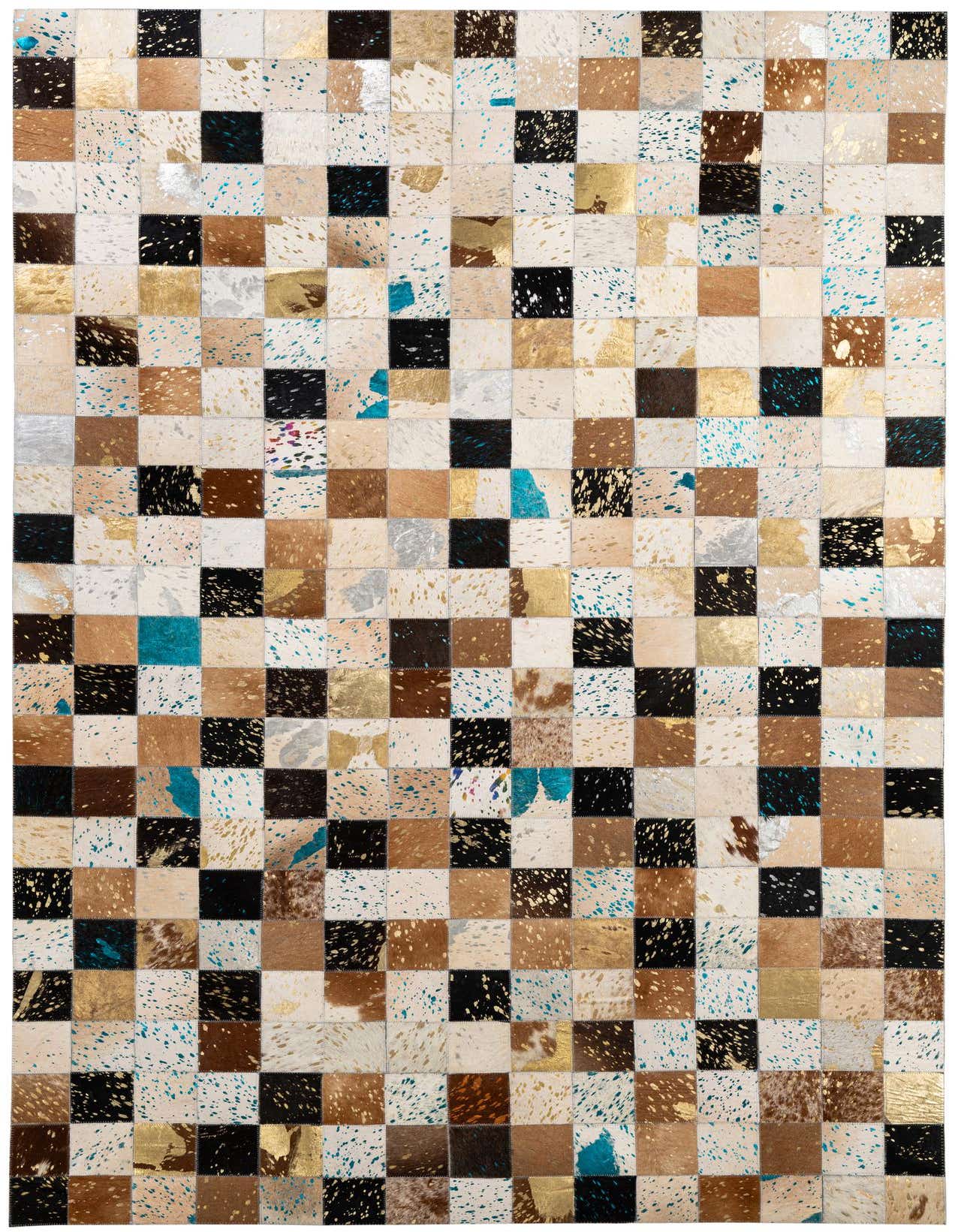 A 5x8 rectangular Cowhide Patchwork rug with multi-colored squares, featuring natural cowhide, metallic gold, and turquoise splatter accents.