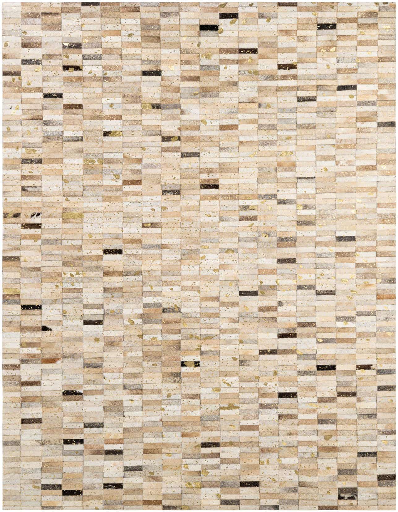 A 5x8 rectangular Cowhide Patchwork rug with multi-colored natural hide squares and gold metallic accents, perfect for a modern living room.