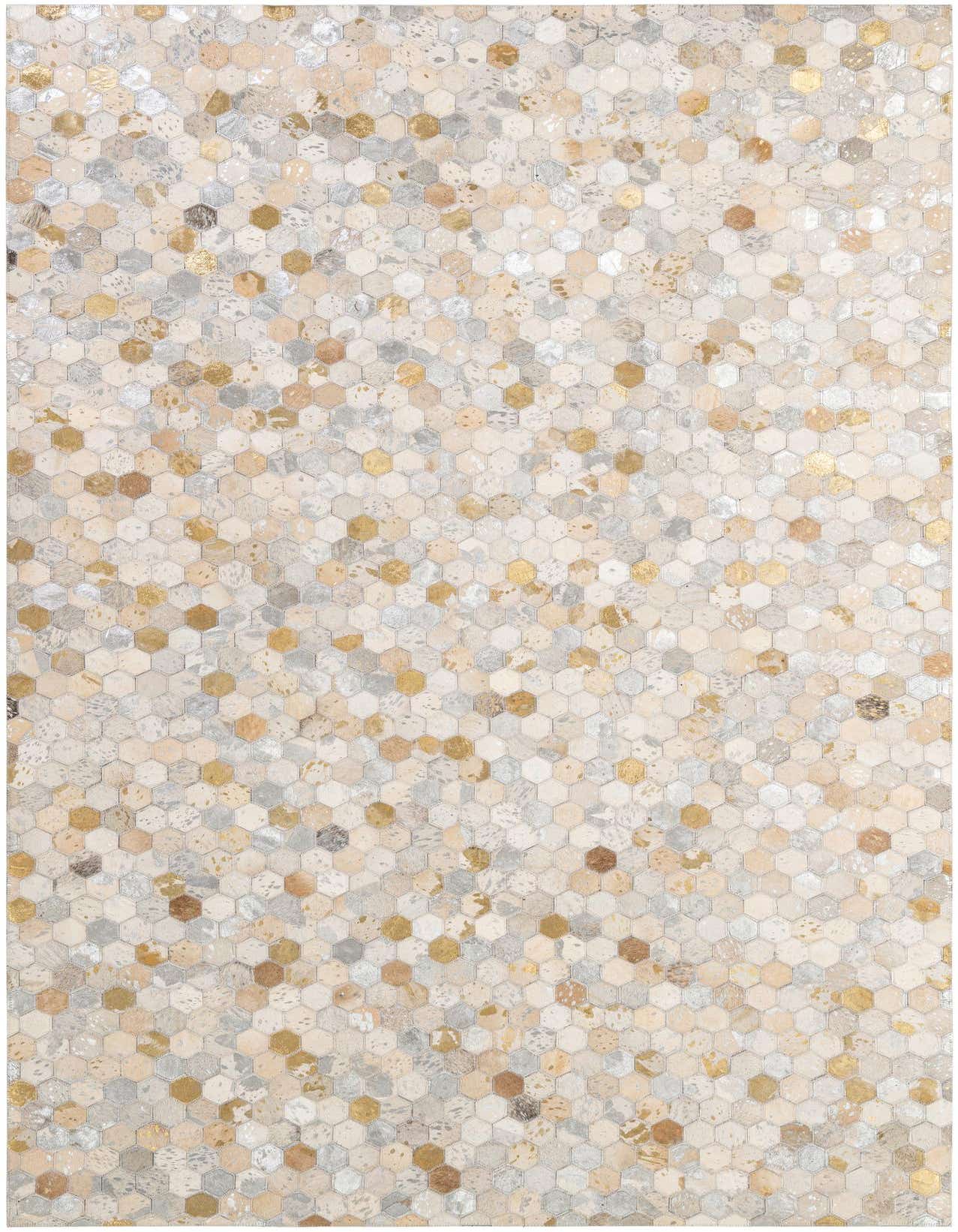 A 5x8 rectangular Cowhide Patchwork rug with a modern hexagonal pattern in multi-colored natural and metallic tones.