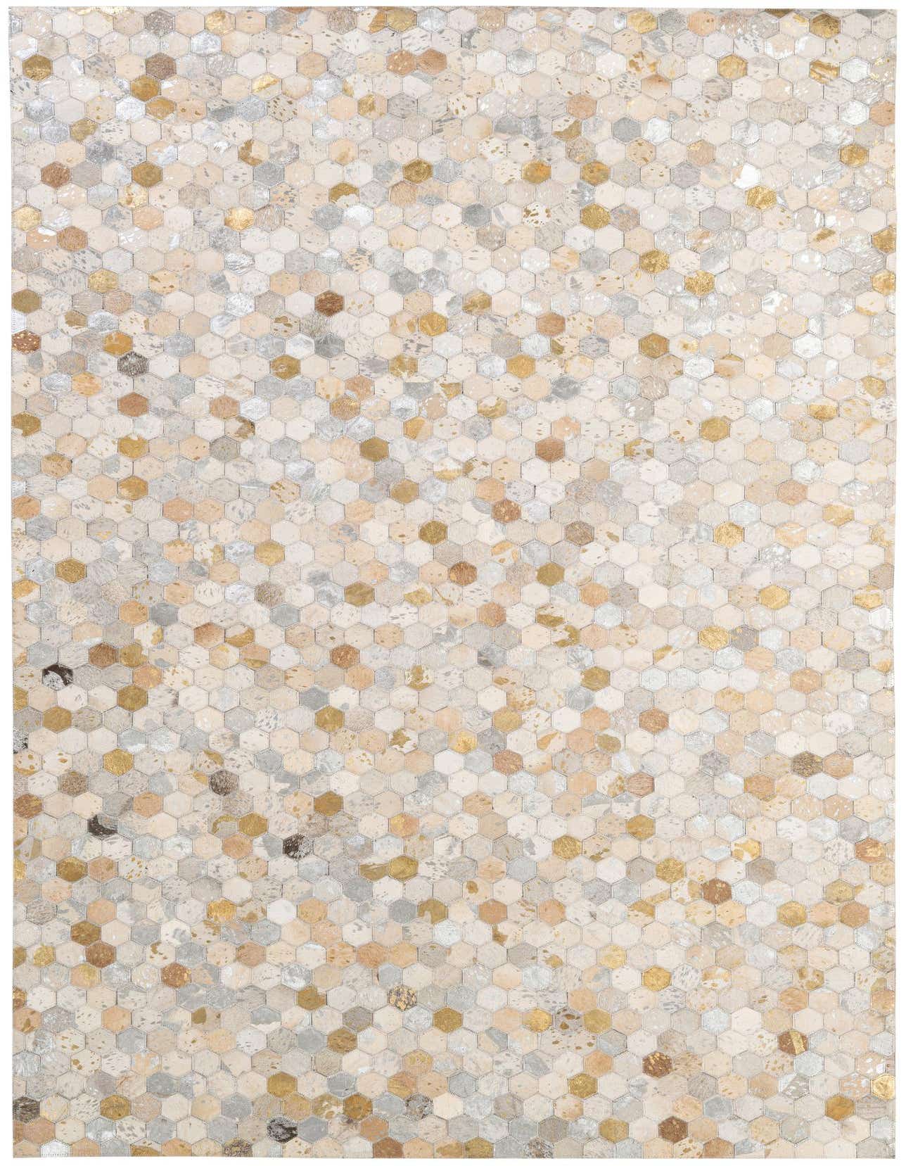 A rectangular 5x8 modern Cowhide Patchwork rug featuring multi-colored hexagonal tiles in shades of beige, gold, and silver.
